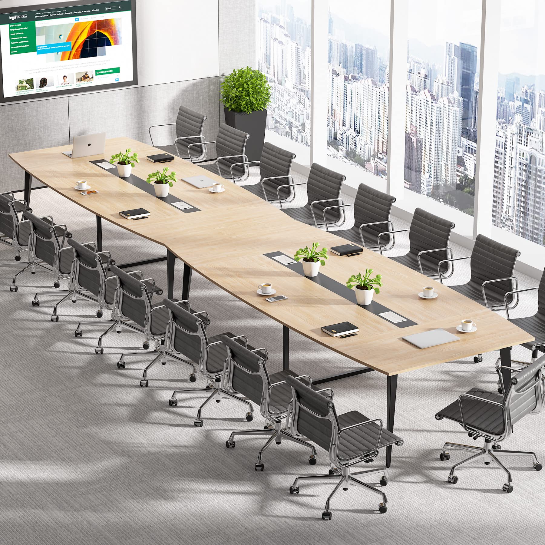 8FT Conference Table, 94.48L x 47.21W x 29.52H Inches Boat Shaped Meeting Table with Rectangle Grommet, Modern Seminar Boardroom Table for Office Conference Room (Light Wood Grain, 8ft)