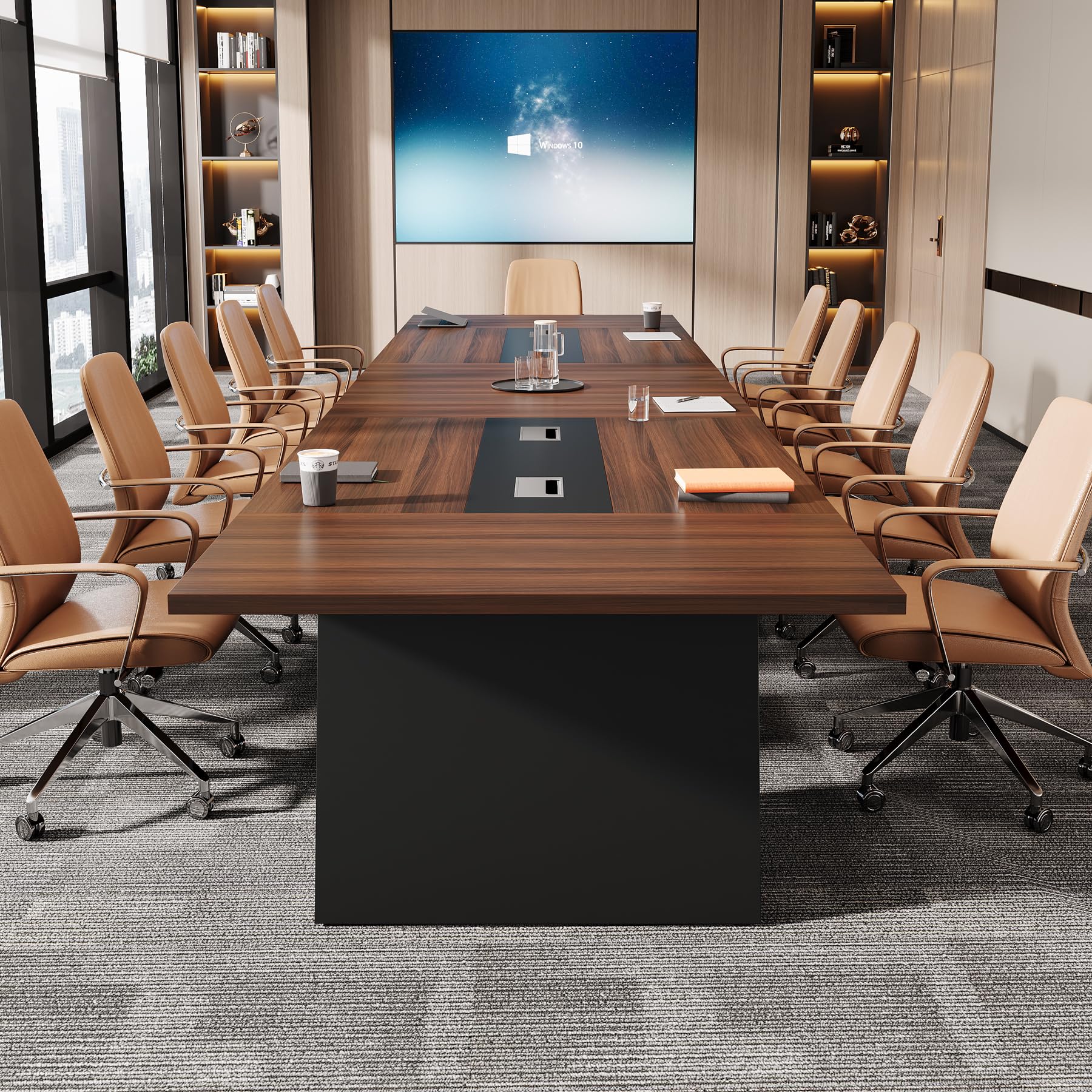 8ft Conference Table, Large Meeting Table for 8-10 People, Business Seminar Furniture for Office Conference Room, Walnut & Black (4, Walnu+ Black)