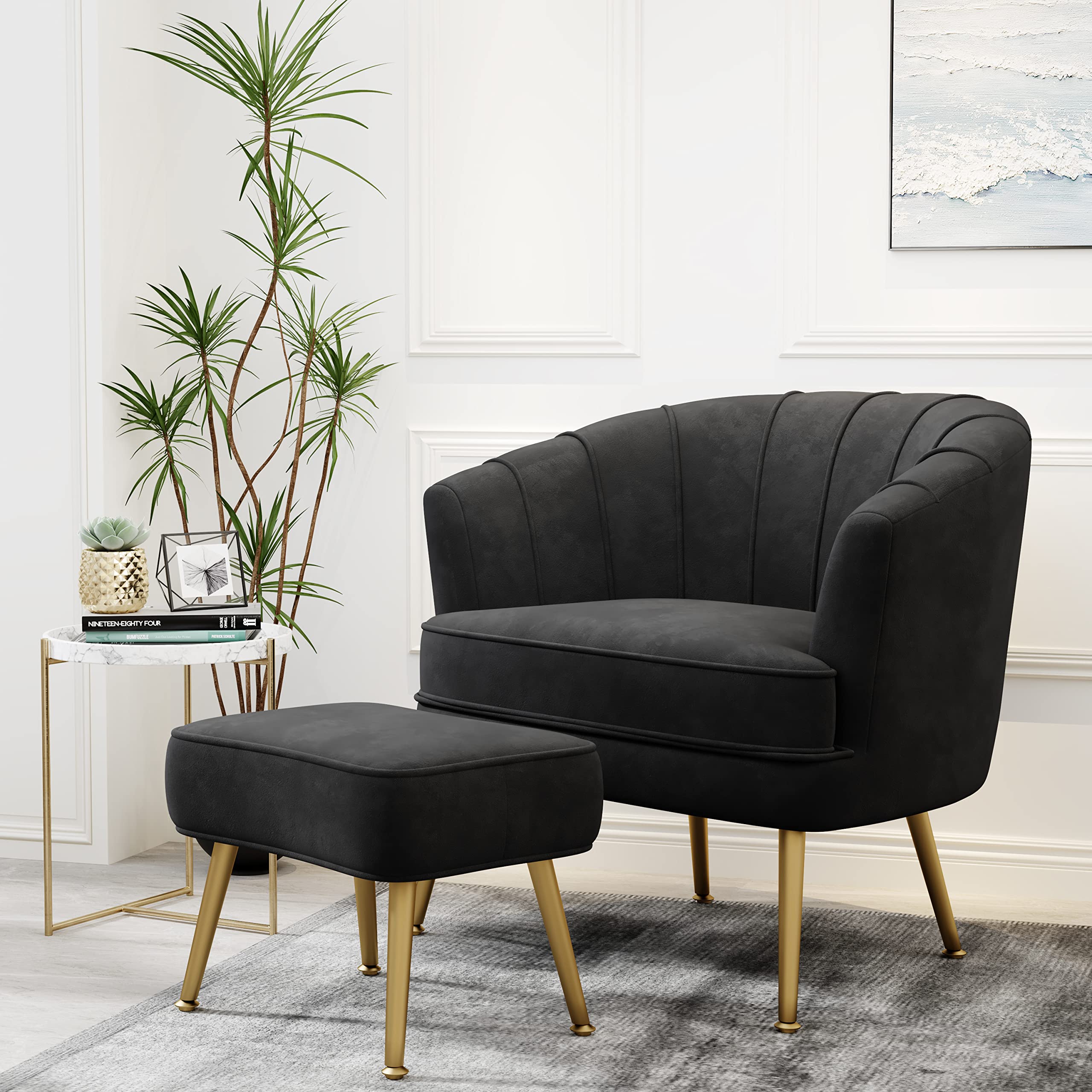 Velvet Accent Chair with Ottoman, Upholstered Modern Single Sofa Side Chair,Comfy Barrel Club Living Room Armchair with Golden Metal Legs for Office Bedroom Living Reading Room , Black