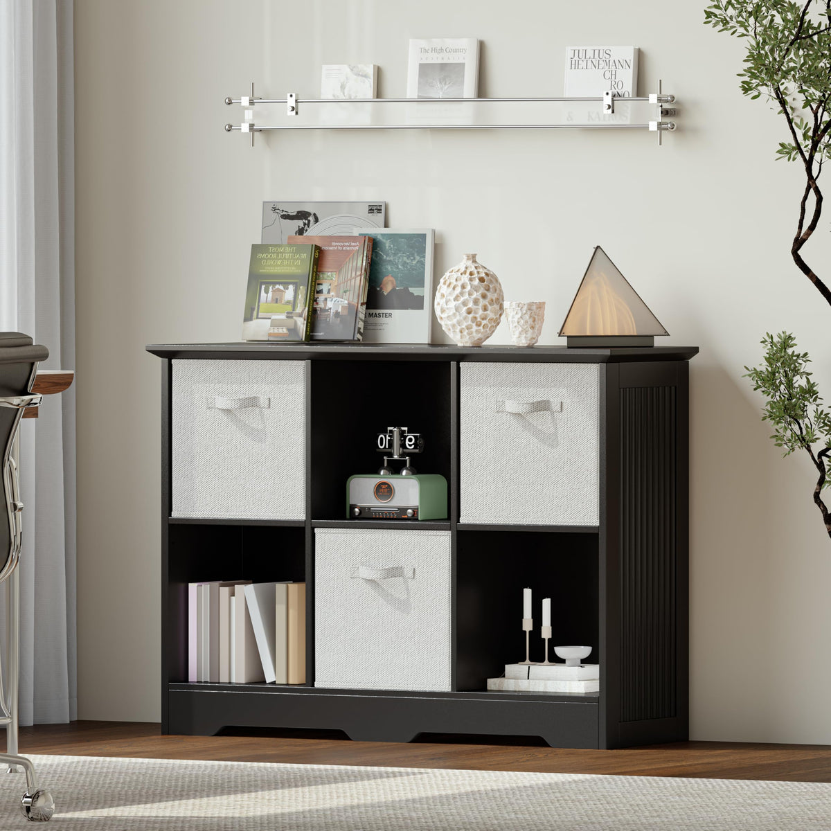 6 Cube Storage Organizer with 3 Fabric Drawers and Removable Shelves — Modular Cube Bookshelf for Bedroom, Living Room, or Home Office, Short Cube Bookcase for Toys, Decor,Black