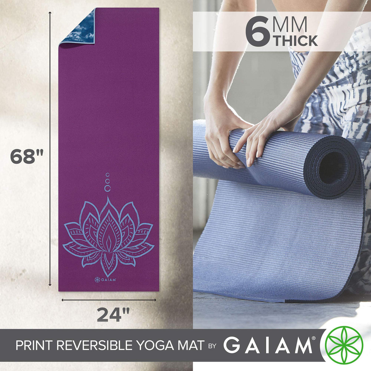 Reversible Yoga Mat, 6mm Thick Print Mat (Purple Lotus)