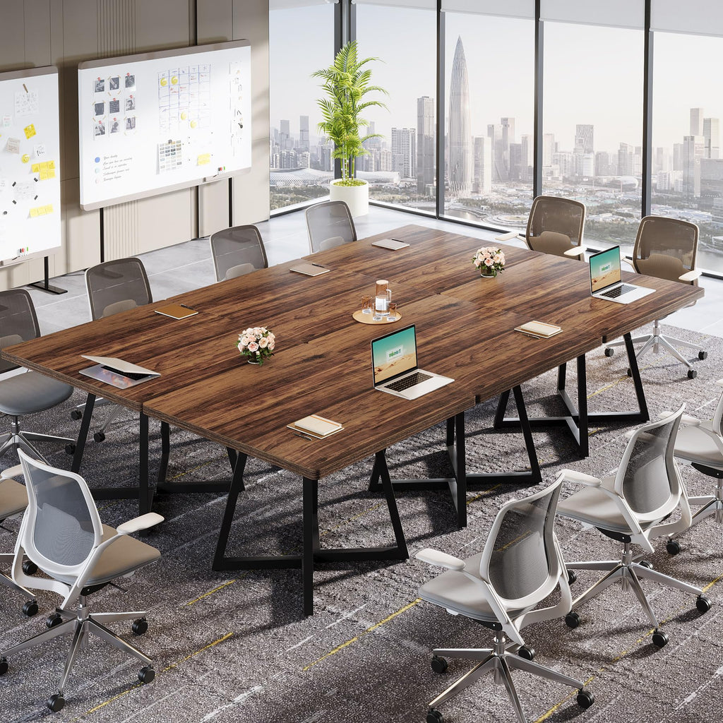 31.5" Square Conference Table Set of 6, 8 ft Industrial Office Meeting Table for 8-10 People, Business Podcast Furniture with Metal Base for Small Spaces, Office Conference, Brown