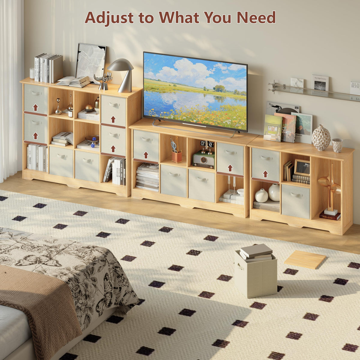 6 Cube Storage Organizer with 3 Fabric Drawers and Removable Shelves — Modular Cube Bookshelf for Bedroom, Living Room, or Home Office, Short Cube Bookcase for Toys, Decor,Natural Wood