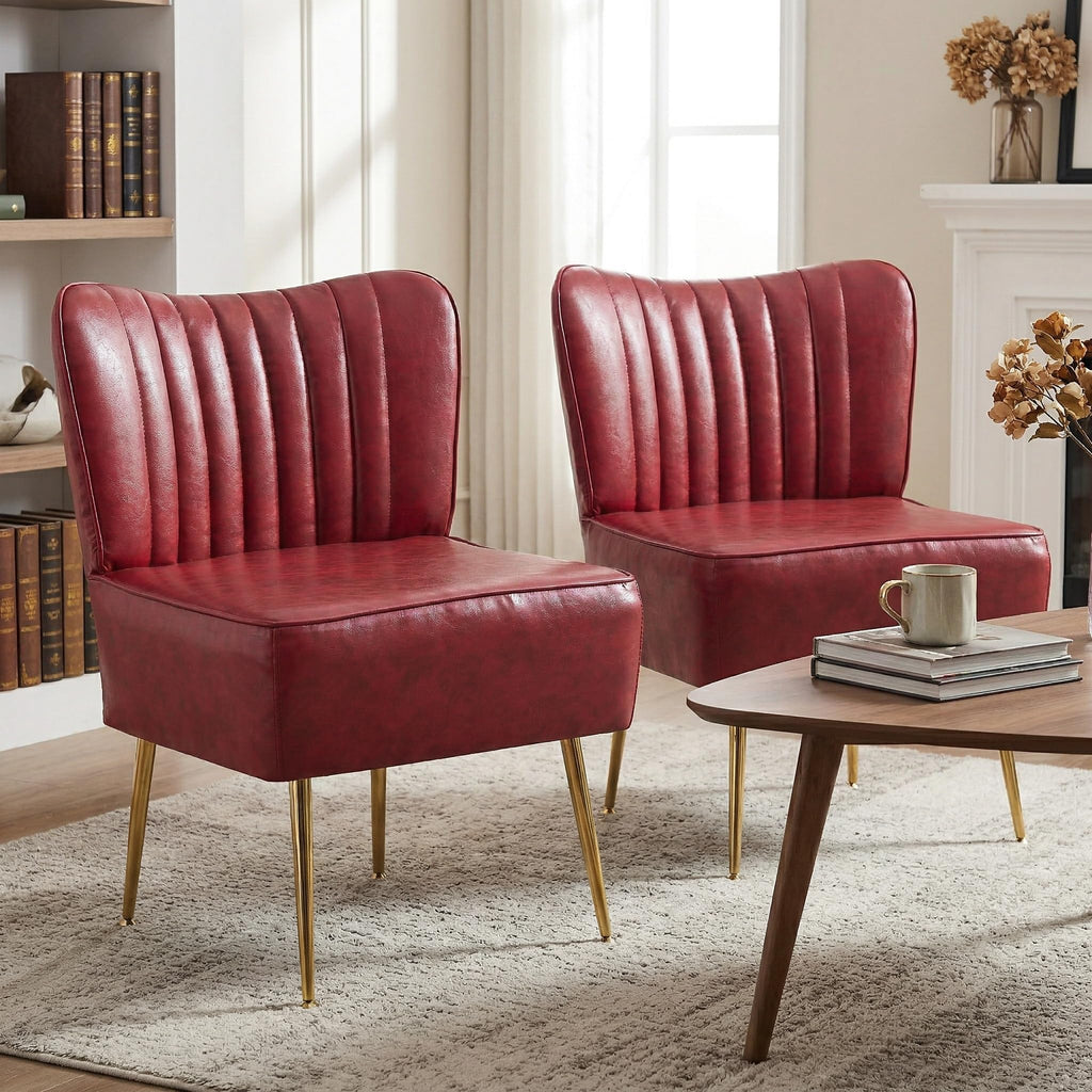 Modern Leather Accent Chairs Set of 2, Vintage Slipper Chair with Heavy Duty Iron Frame & Gold Legs, Mid Century Side Sofa Chair for Living Room Office（Wine Red）