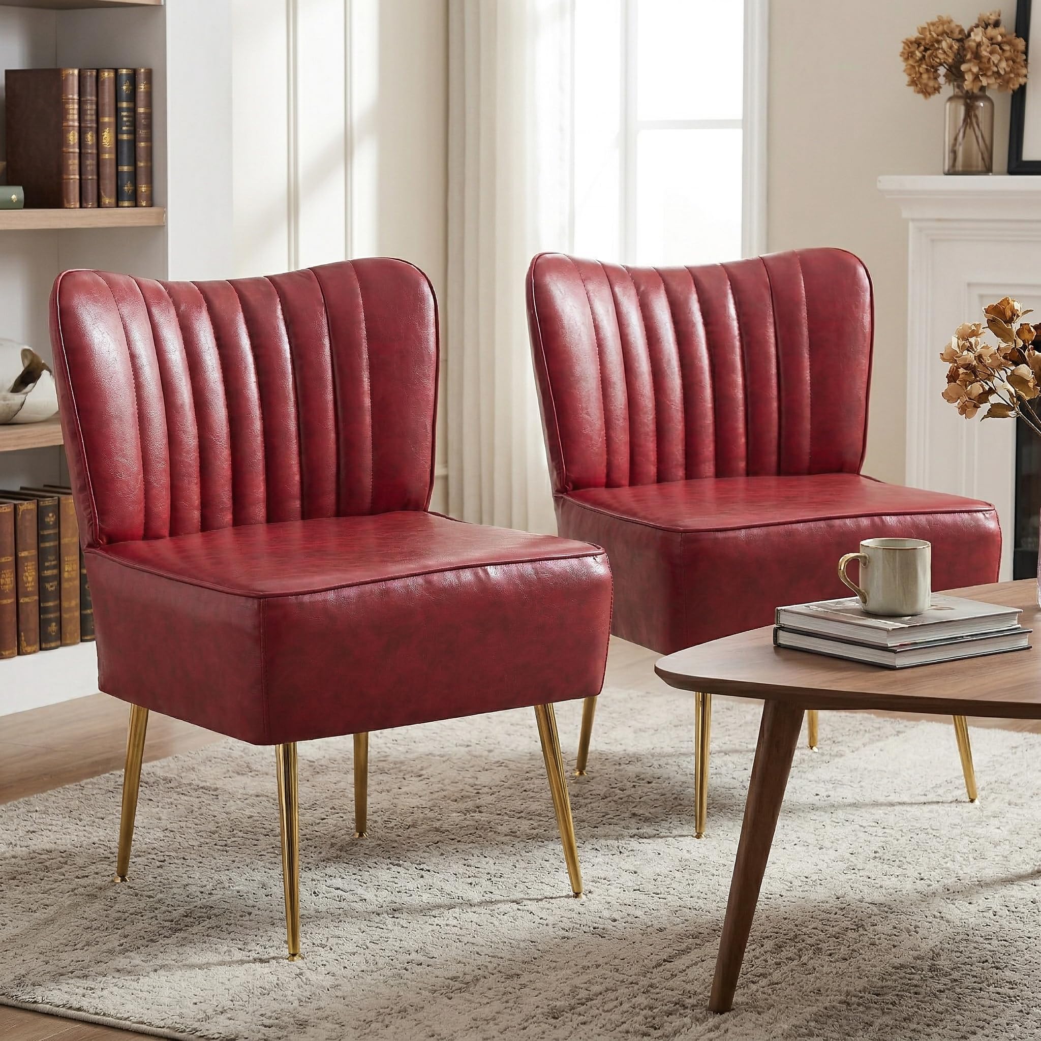 Modern Leather Accent Chairs Set of 2, Vintage Slipper Chair with Heavy Duty Iron Frame & Gold Legs, Mid Century Side Sofa Chair for Living Room Office（Wine Red）