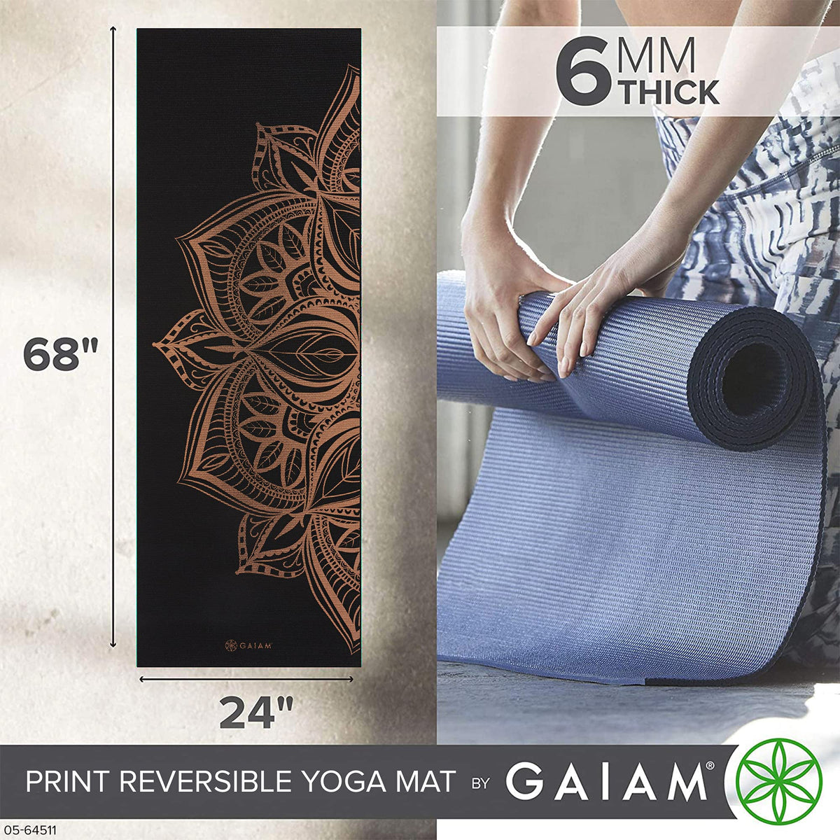 Reversible Yoga Mat, 6mm Thick Print Mat (Marbled Bronze Medallion)