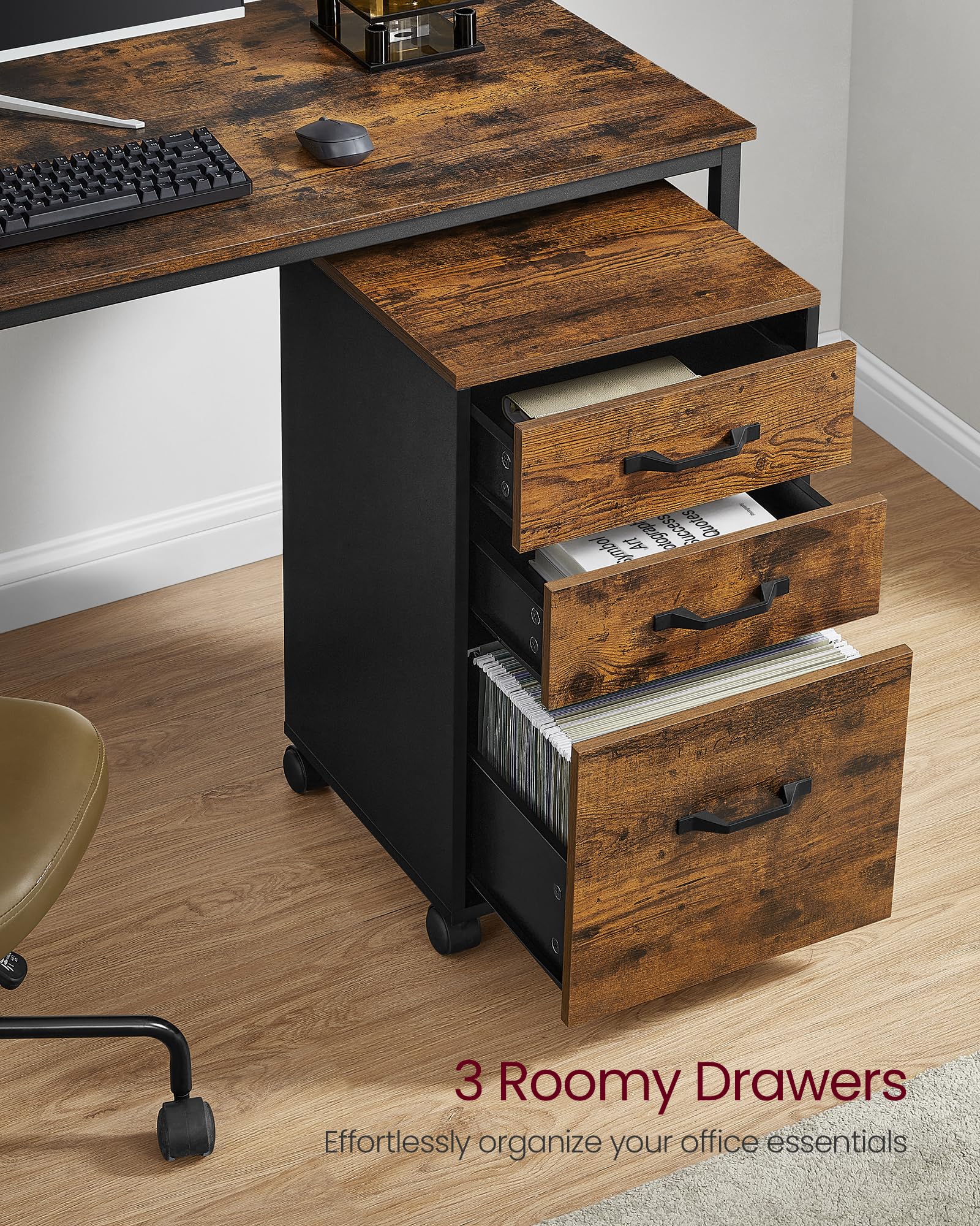 Mobile File Cabinet, 3 Drawers Filing Cabinet with Wheels, for Home Office, for A4, Letter Sized Documents, Adjustable Hanging Rail for File Folders, Rustic Brown and Ink Black