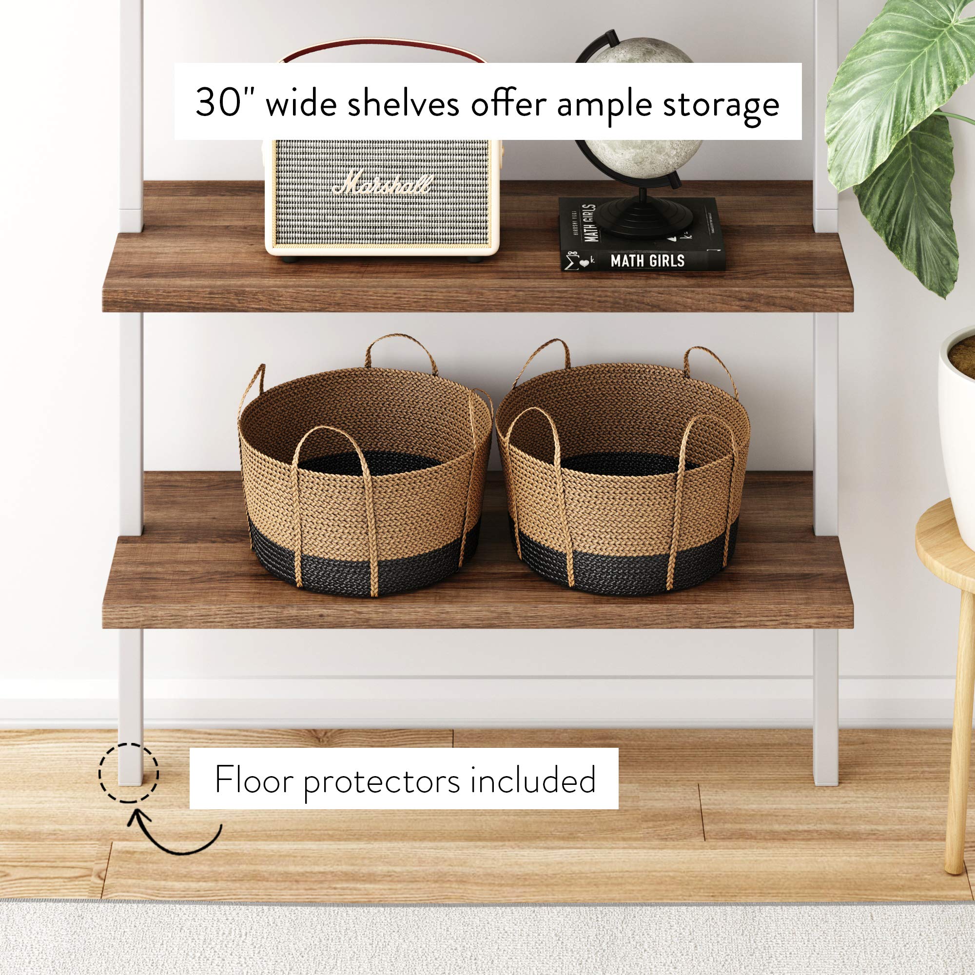 6-Shelf Tall Bookcase, Wall Mount Bookshelf with Natural Wood Finish and Industrial Metal Frame, Rustic Oak/White
