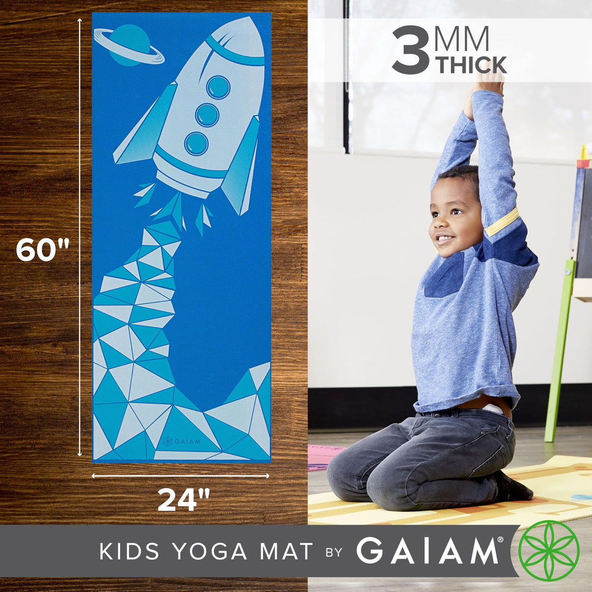 Kids Yoga Mat, Fun Prints, Non-Toxic, 60"x24", 3mm (Blue Rocket)