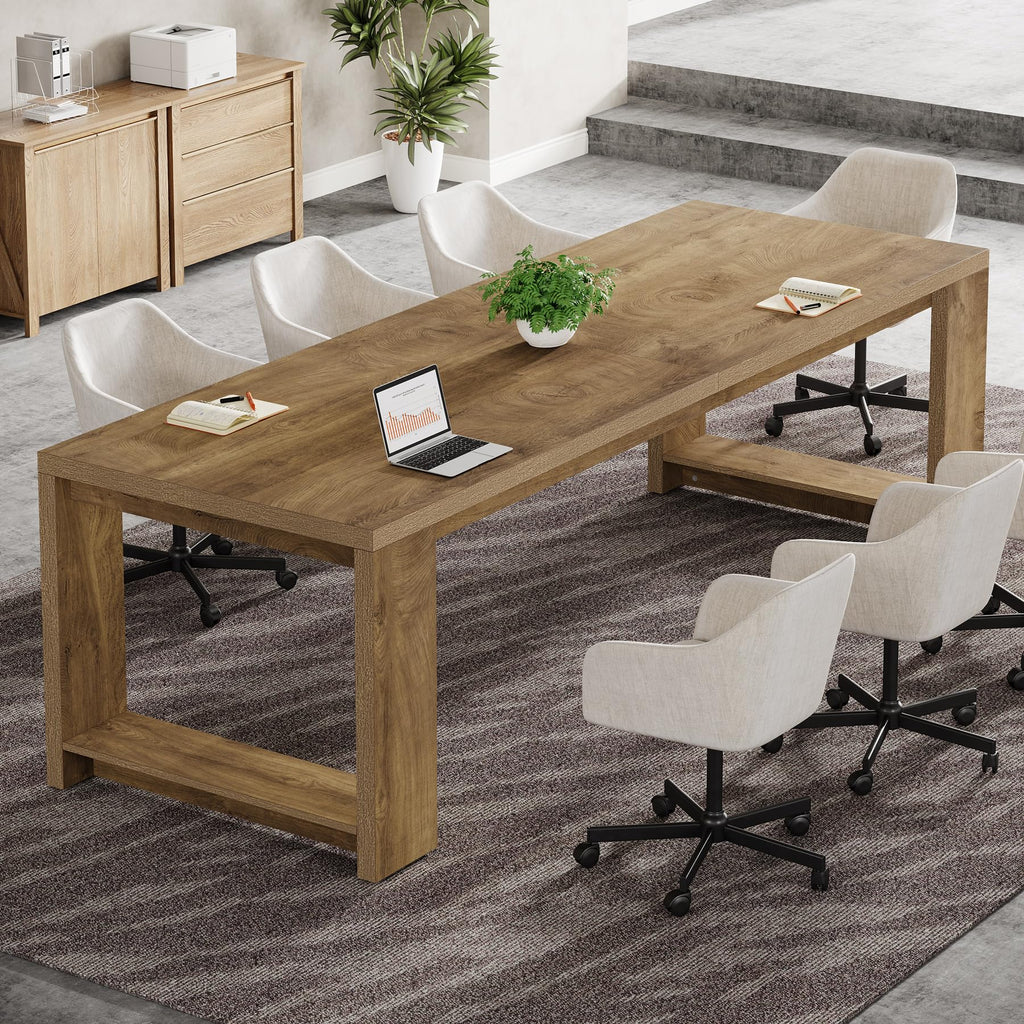 7 ft Conference Table for 6 to 8 People, Modern Rectangle Meeting Room Desk for Boardroom, Home Office (2, Oak)