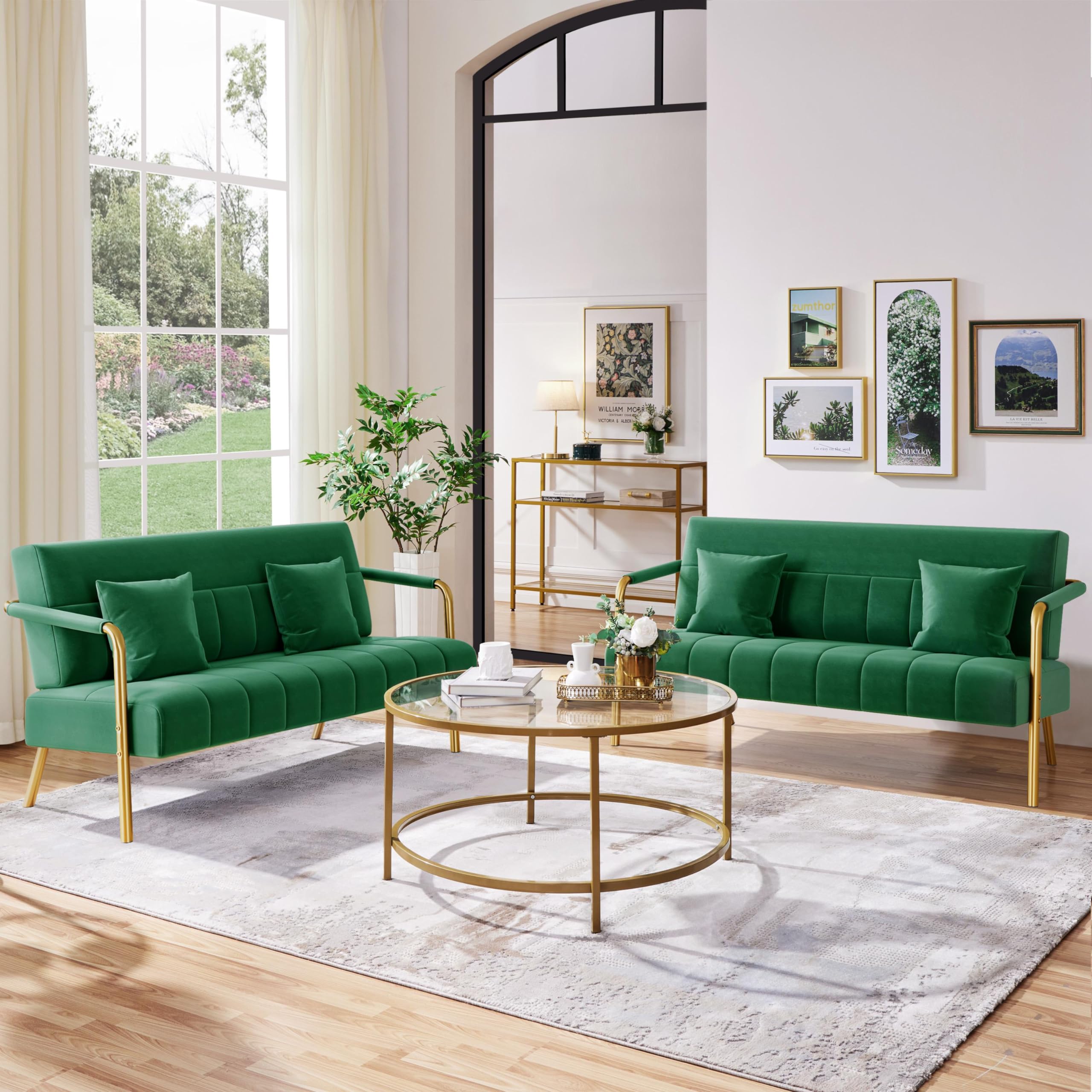 56.5" W Modern Sofa Small Sofa Luxurious Velvet Fabric Couch with Gold-Tone Metal Arms and Legs for Living Room, Office, Studio Green