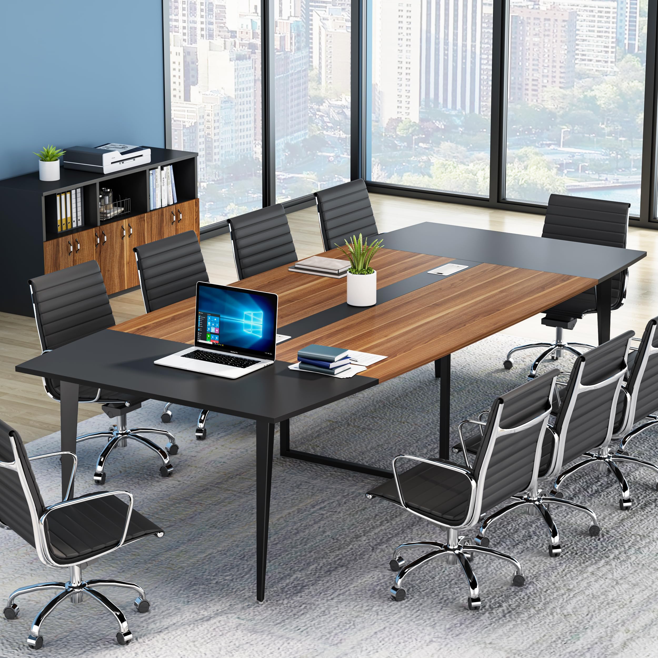 8FT Conference Table, 94.48L x 47.24W x 29.52H Inches Boat Shaped Meeting Table with Rectangle Grommet, Modern Seminar Boardroom Table for Office Conference Room (8ft, Walnut & Black)