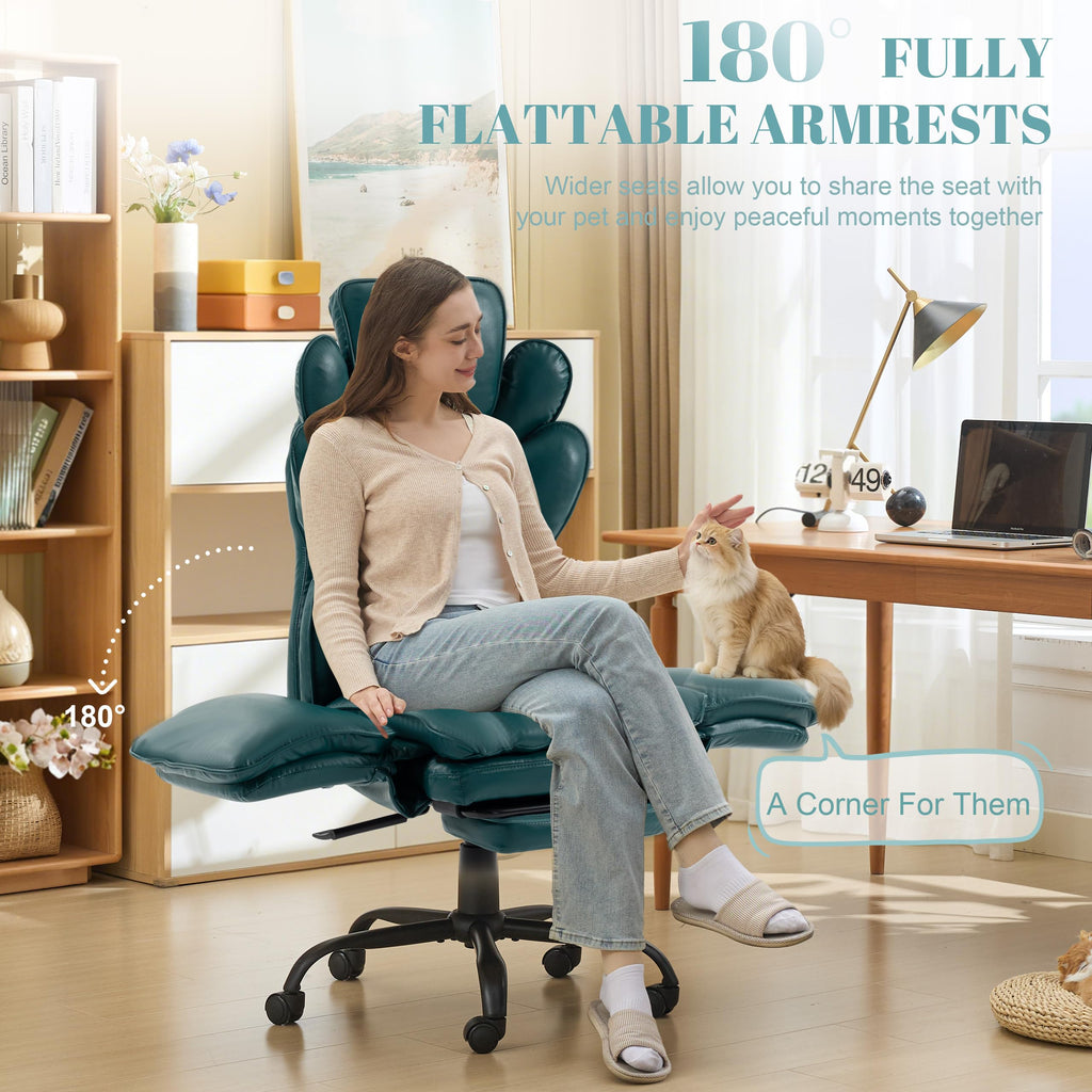 Flip Armrests Criss Cross Office Chair, Reclining Office Chair with Foot Rest, Adjustable Headrest, Massage Waist Pillow, Cross Legged Big and Tall Desk Chair Wide Seat Vanity Chair, PU Leather Green