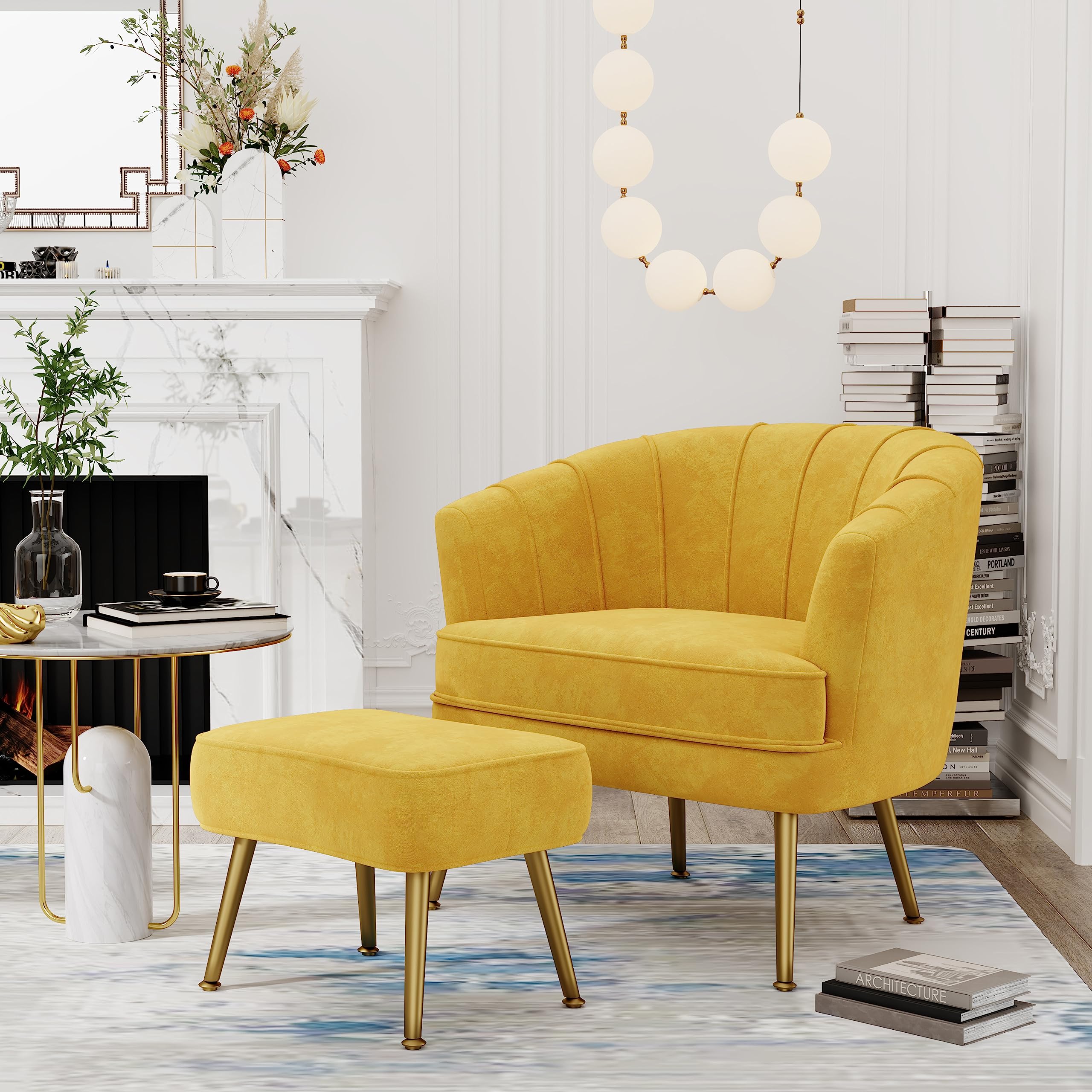 Velvet Accent Chair with Ottoman, Upholstered Modern Single Sofa Side Chair,Comfy Barrel Club Living Room Armchair with Golden Metal Legs for Office Bedroom Living Reading Room, Yellow