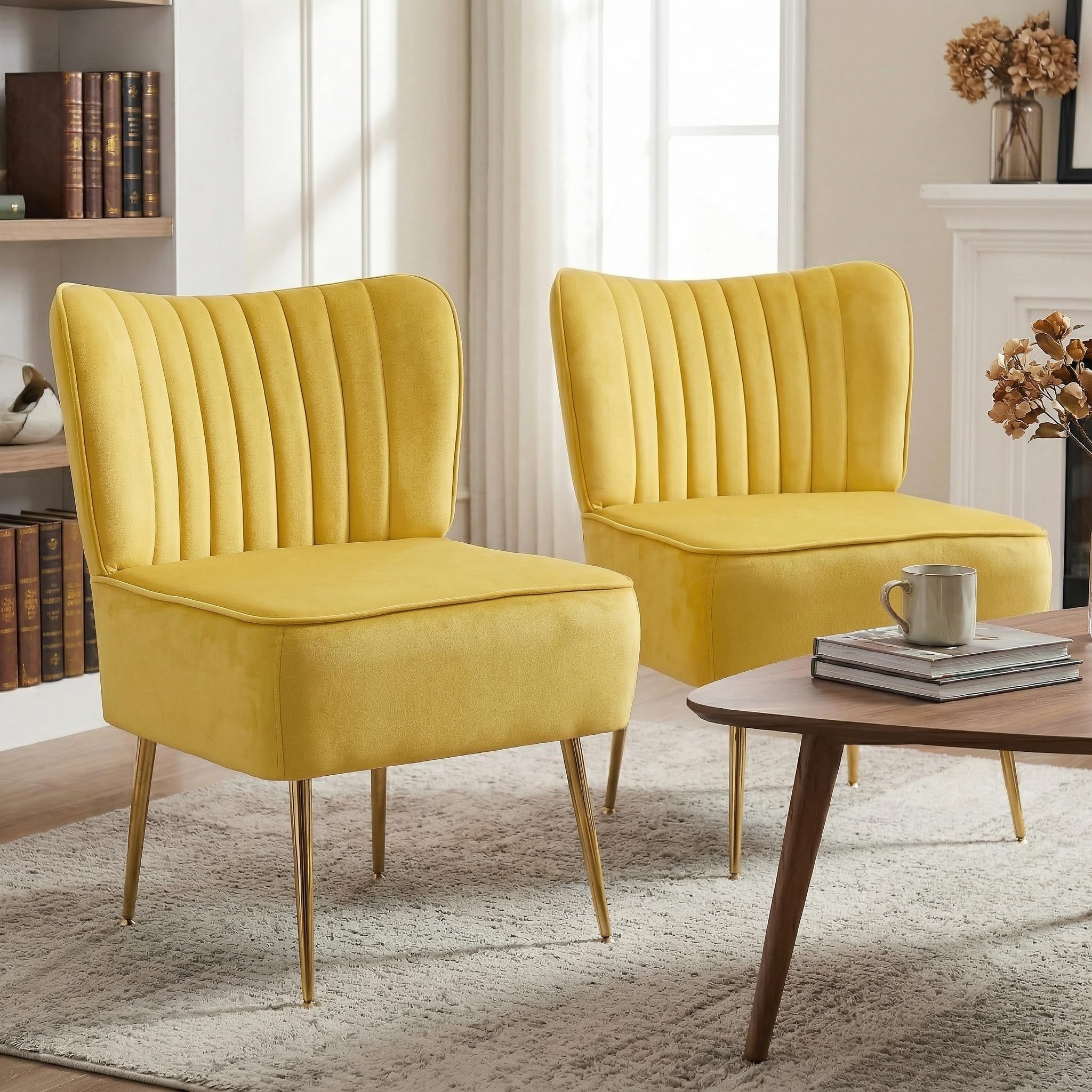 Modern Velvet Accent Chairs Set of 2, Comfy Slipper Chair with Heavy Duty Iron Frame & Gold Legs, Mid Century Side Sofa Chair for Living Room Bedroom Vanity（Yellow）