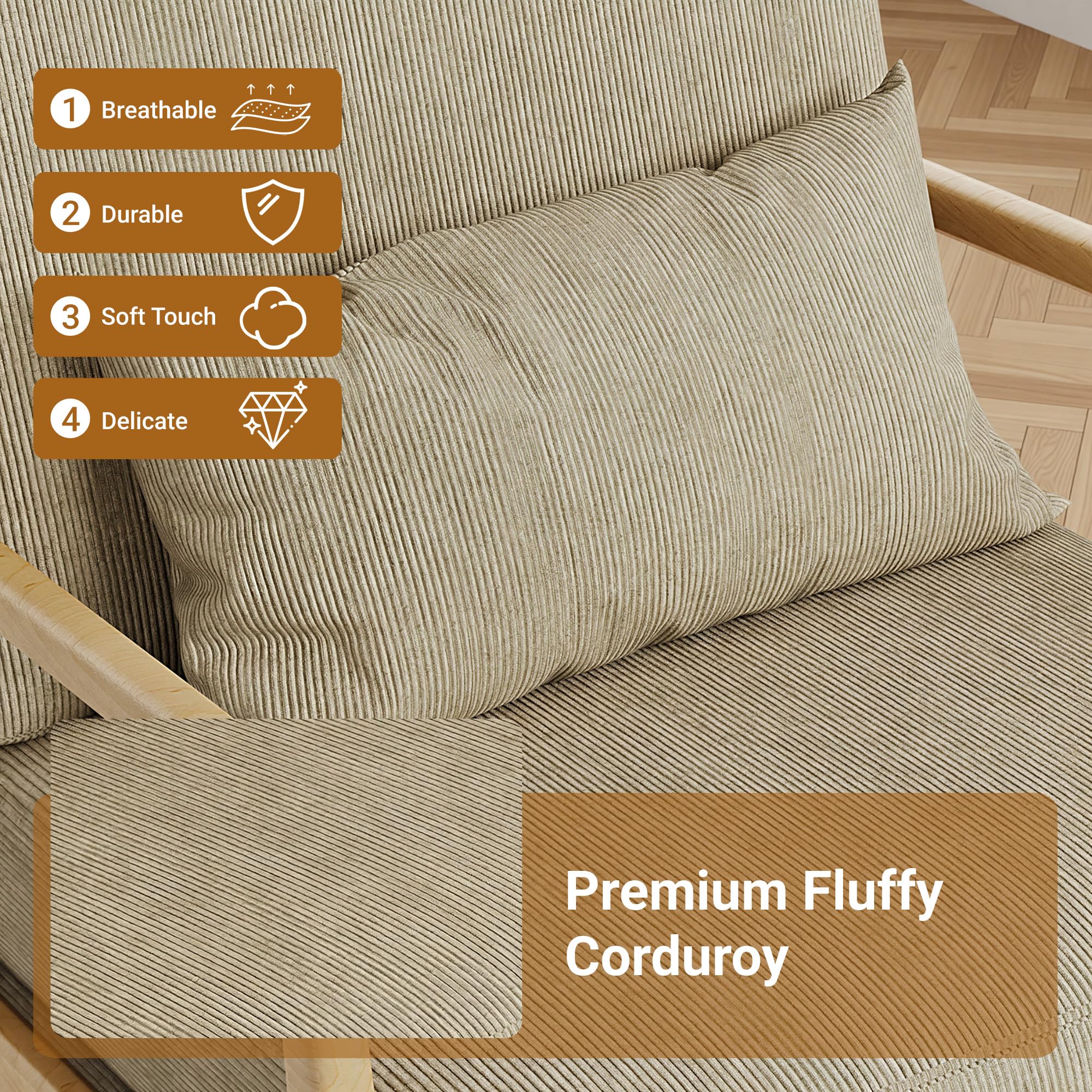 Mid-Century Modern Accent Chair, Armchair with Solid Wood Frame & Lumbar Pillow, Comfy Upholstered Lounge Chair for Office, Bedroom, Corduroy, Khaki