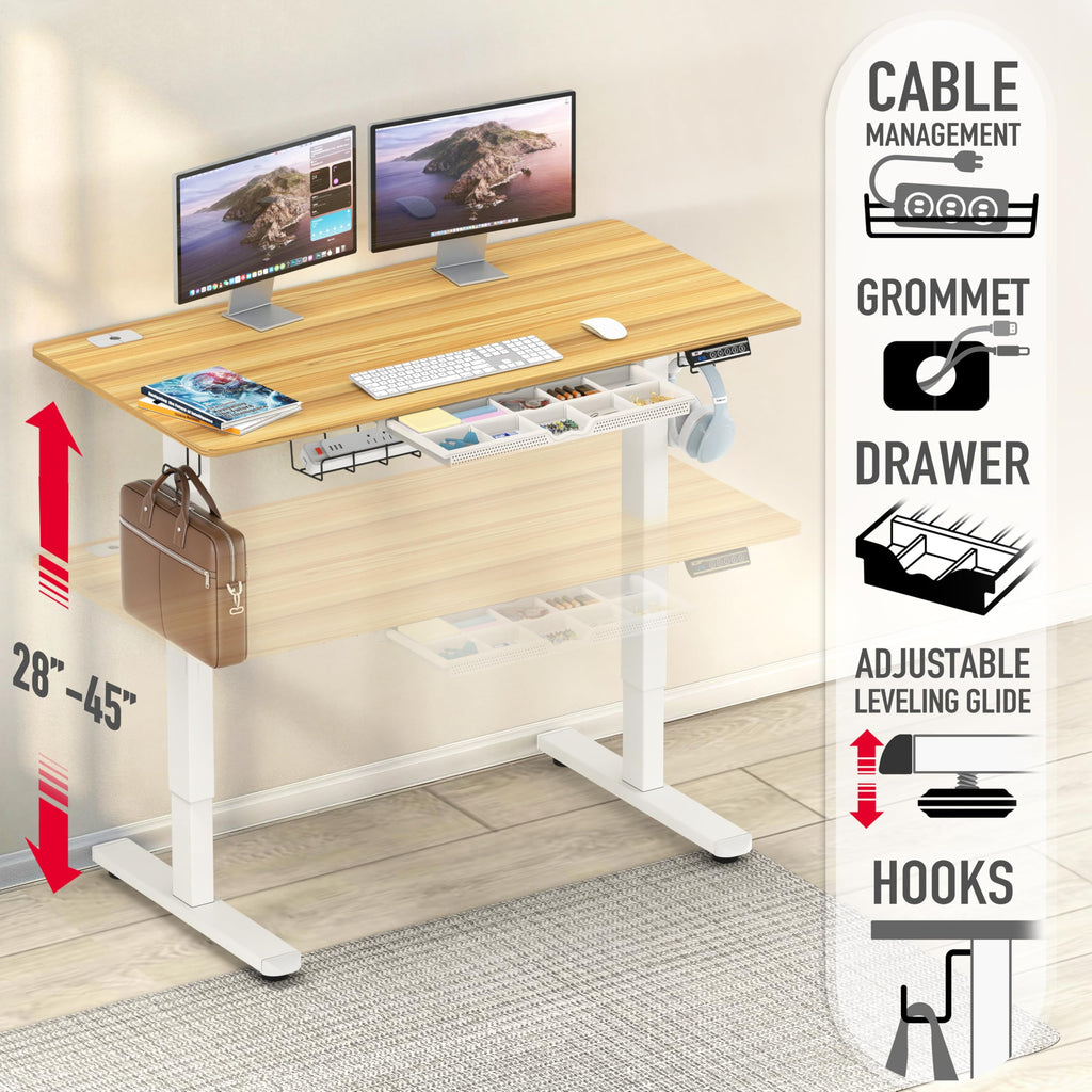 48-Inch Electric Height Adjustable Standing Desk with Drawer, Memory Preset and Cable Management Tray, Oak