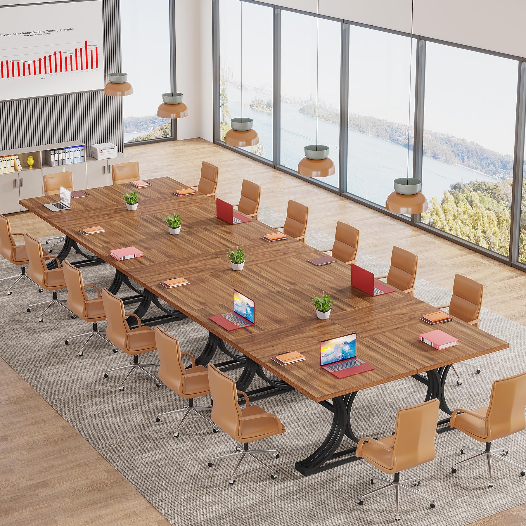 10.5FT Conference Table, Modern Meeting Table for 8-10 People, Rectangle Seminar Boardroom Table for Office Conference Room with Stylish Legs (2, Rustic Brown and Black)