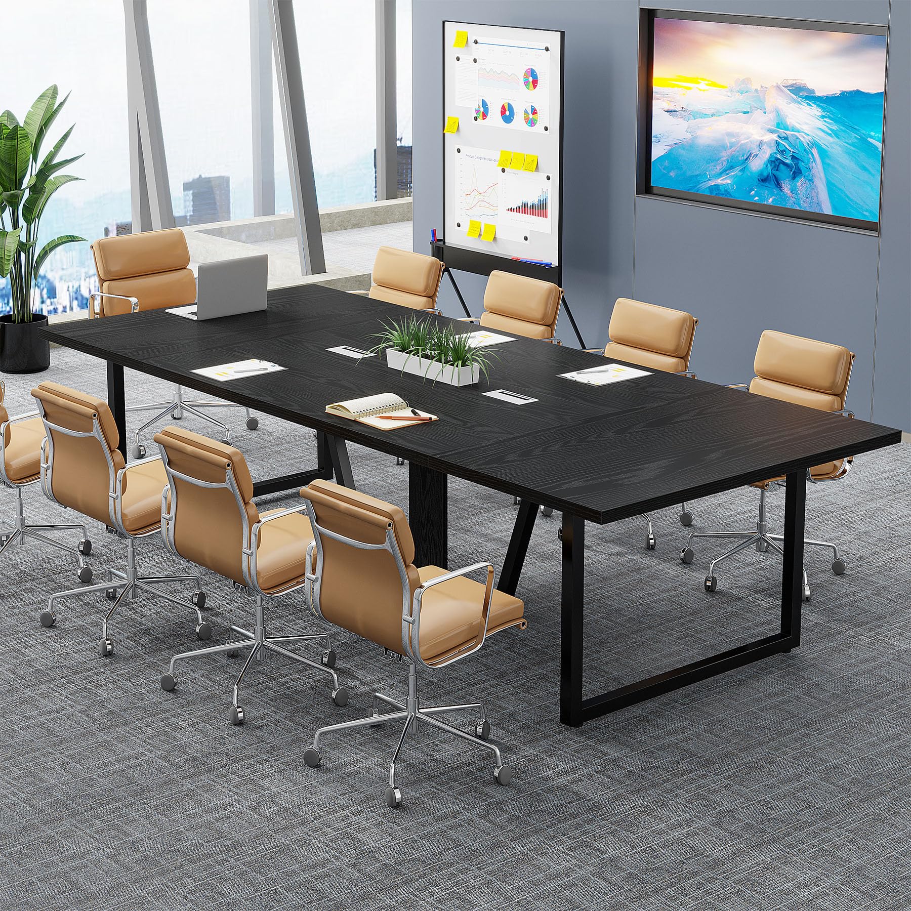8FT Conference Table, 94.49 L x 47.24 W x 29.53 H Inches Large Meeting Podcast Table for 10 People, Business Style Wooden Training Table with Strong Metal Frame for Office Conference