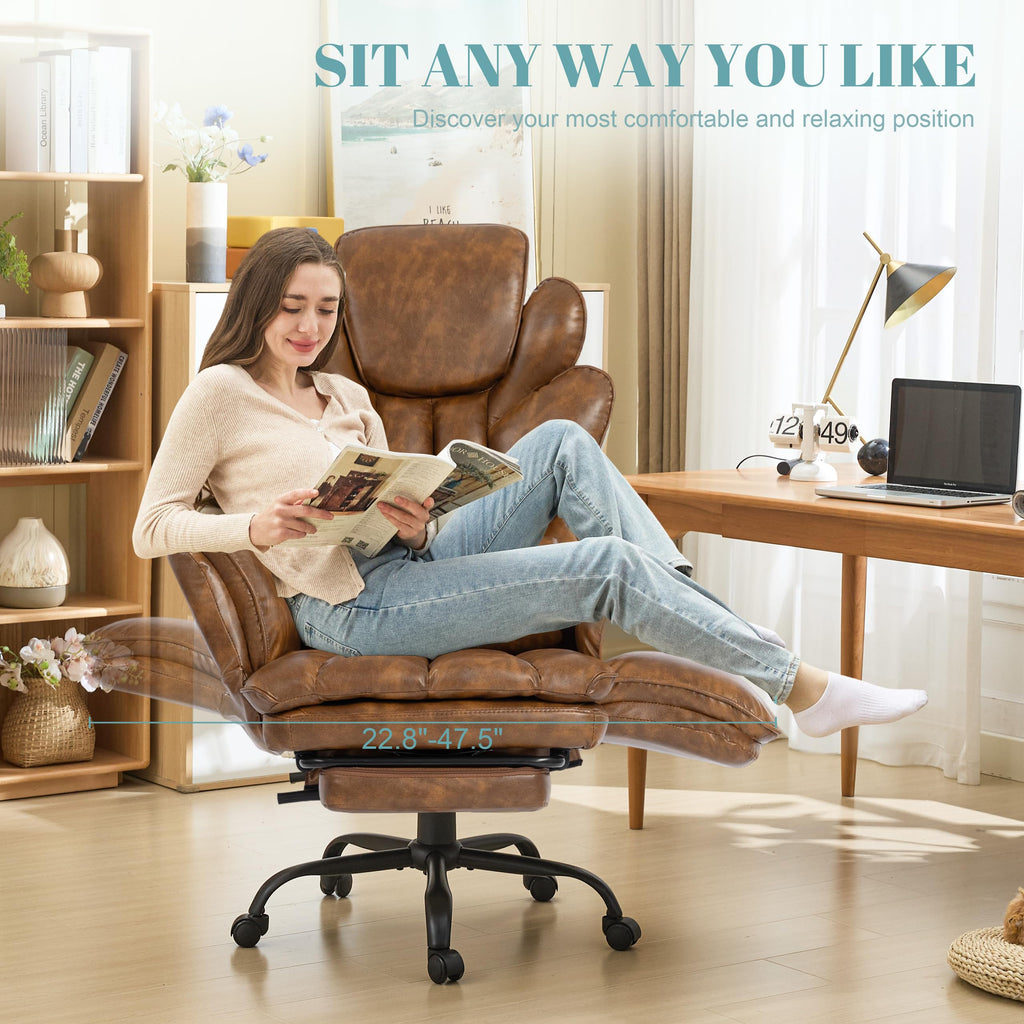 Flip Armrests Criss Cross Office Chair, Reclining Office Chair with Foot Rest, Adjustable Headrest, Massage Waist Pillow, Cross Legged Big and Tall Desk Chair Wide Seat Vanity Chair, PU Leather Brown