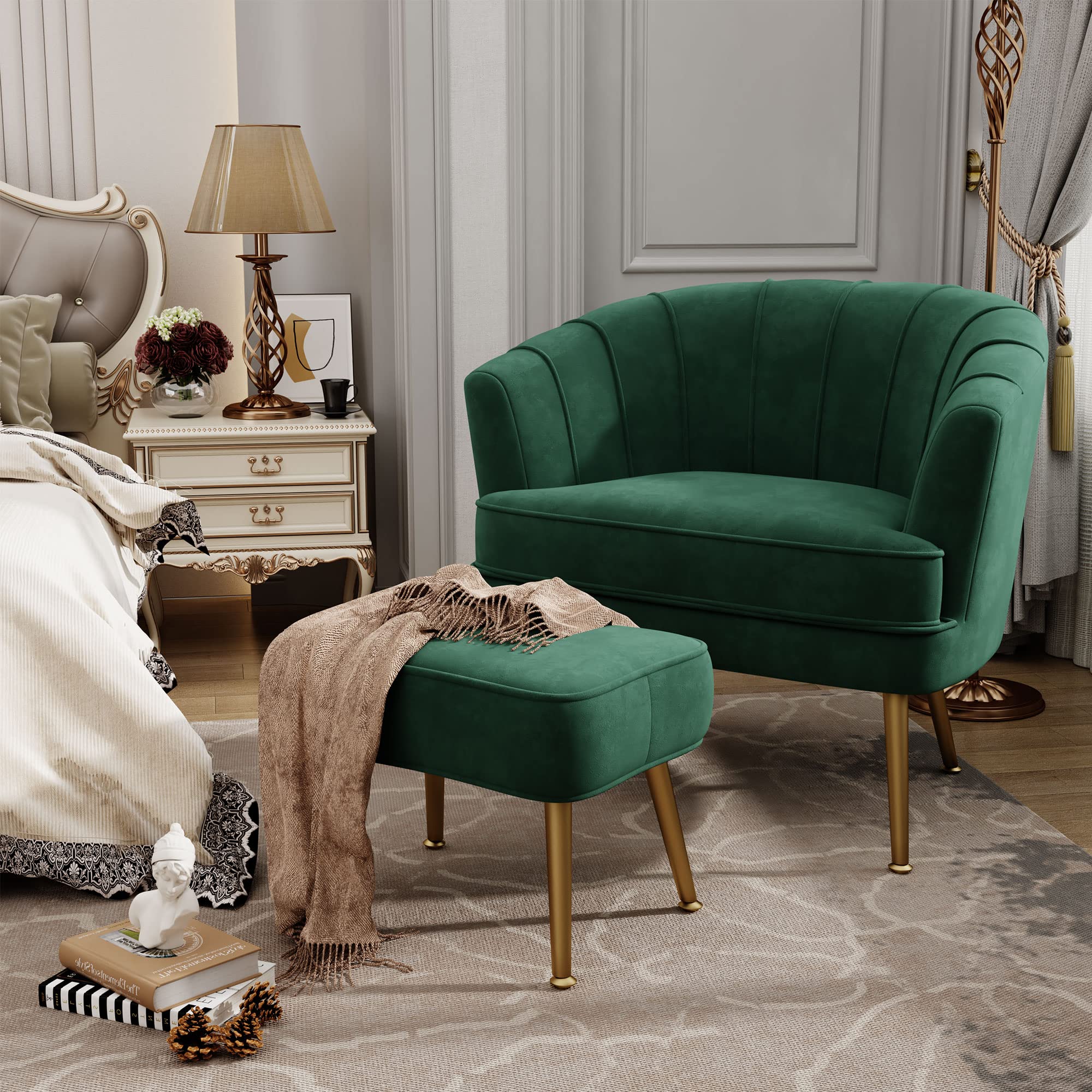 Velvet Accent Chair with Ottoman, Upholstered Modern Single Sofa Side Chair,Comfy Barrel Club Living Room Armchair with Golden Metal Legs for Office Bedroom Living Reading Room, Green