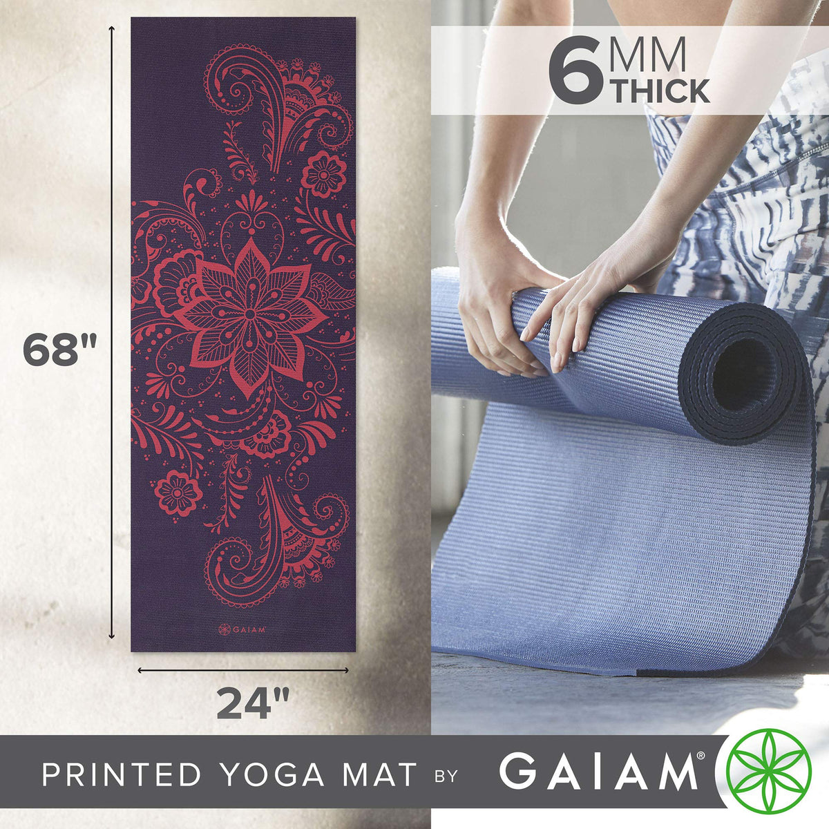 Premium Yoga Mat, 6mm Thick Print Mat (Aubergine Swirl)