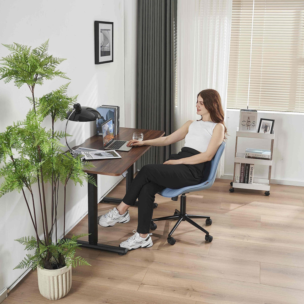 Blue Office Desk Chair with Wheels Comfy Armless Vanity Chair with Back Modern Small Faux Leather Upholstered Rolling Task Chair Cute Computer Drafting Sewing Chair Swivel Adjustable Compact