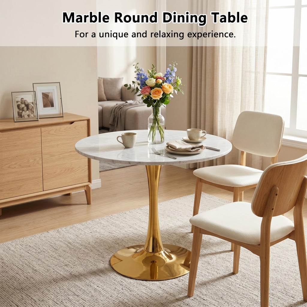 Sybrioka 27.6" Marble Round Tulip Table, Mid-Century Modern Style Dining Table with Gold Pedestal Base for 2-4 People, Featuring A Marble Tabletop for Kitchen, Dining Room, Cafe (Light Grey)