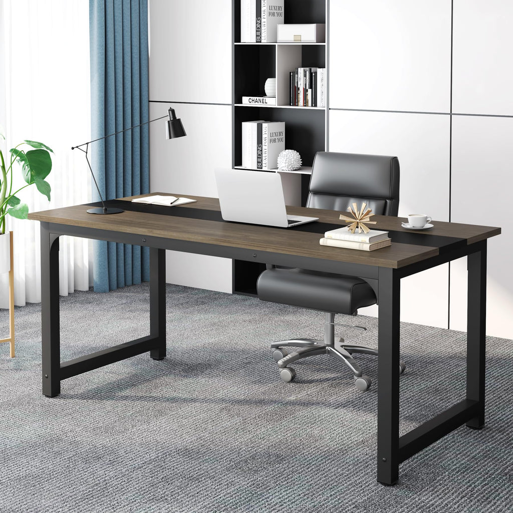 70.8” Executive Desk, Large Office Computer Desk with Thicken Frame, Modern Simple Workstation Business Furniture for Home Office, Vintage Grey/Black