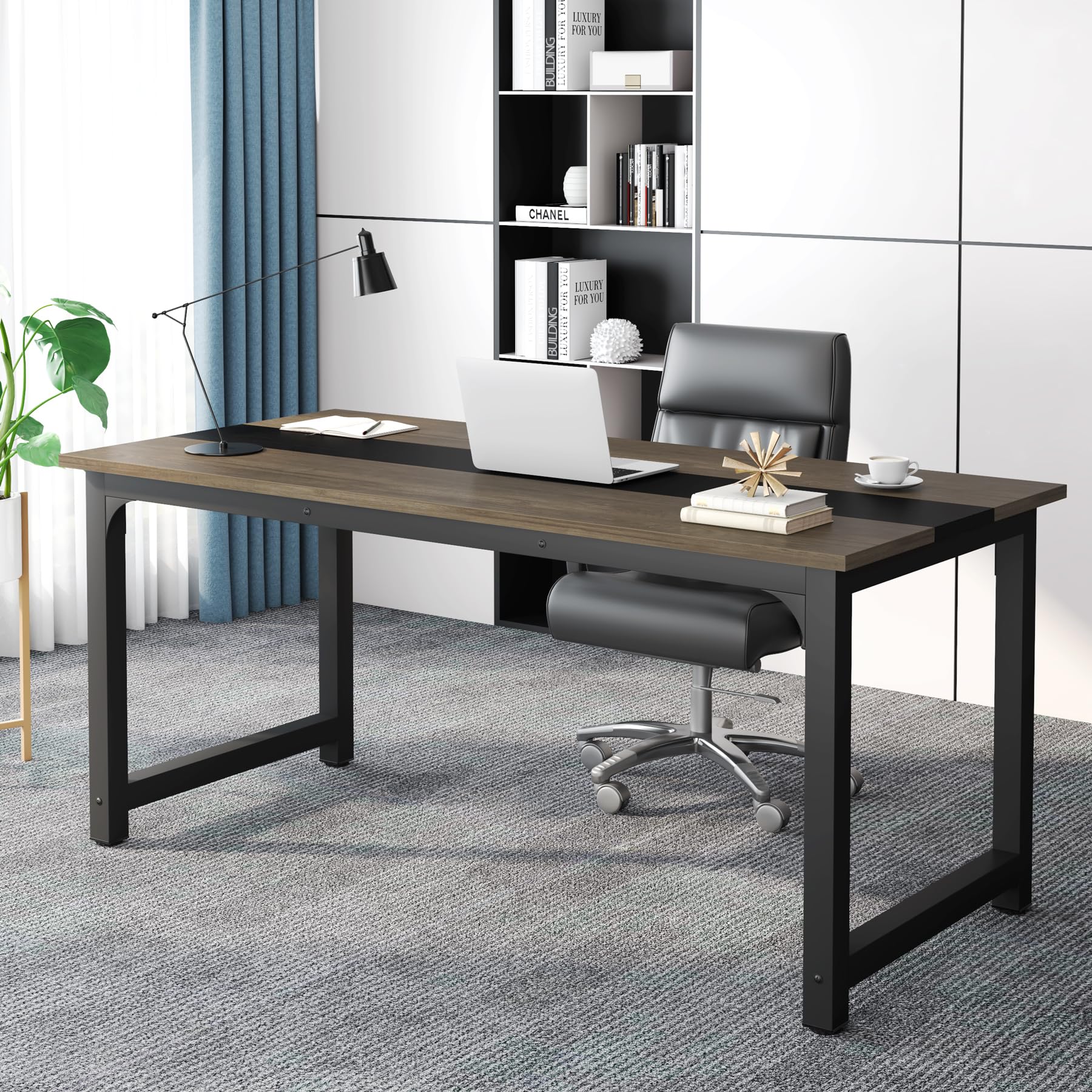 70.8” Executive Desk, Large Office Computer Desk with Thicken Frame, Modern Simple Workstation Business Furniture for Home Office, Vintage Grey/Black