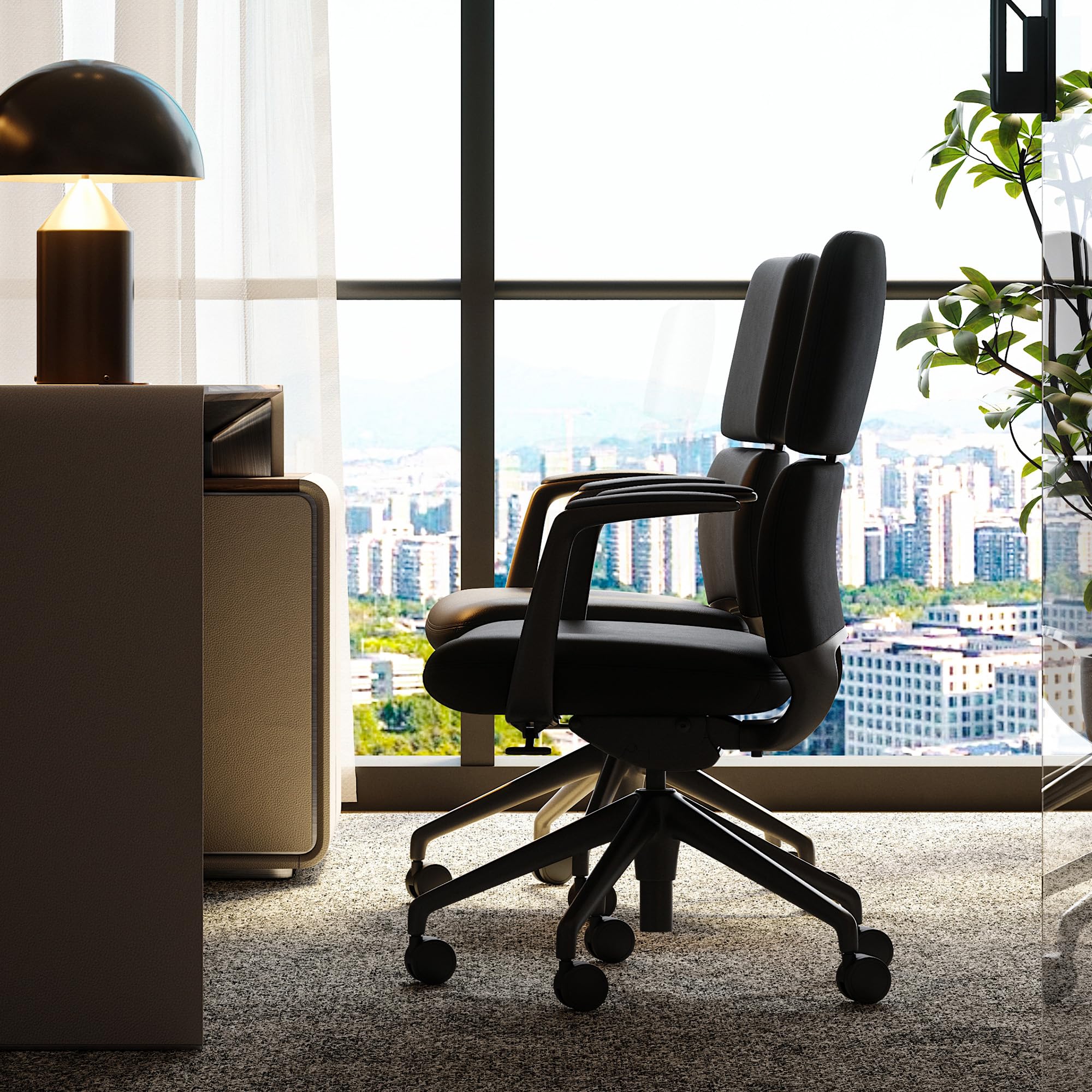Genuine Leather Office Desk Chair with Wheels, Ergonomic Leather Executive Chair, Mid Back, Swivel Base with Adjustable Tilt, Modern Style, Luxury Aluminum Frame