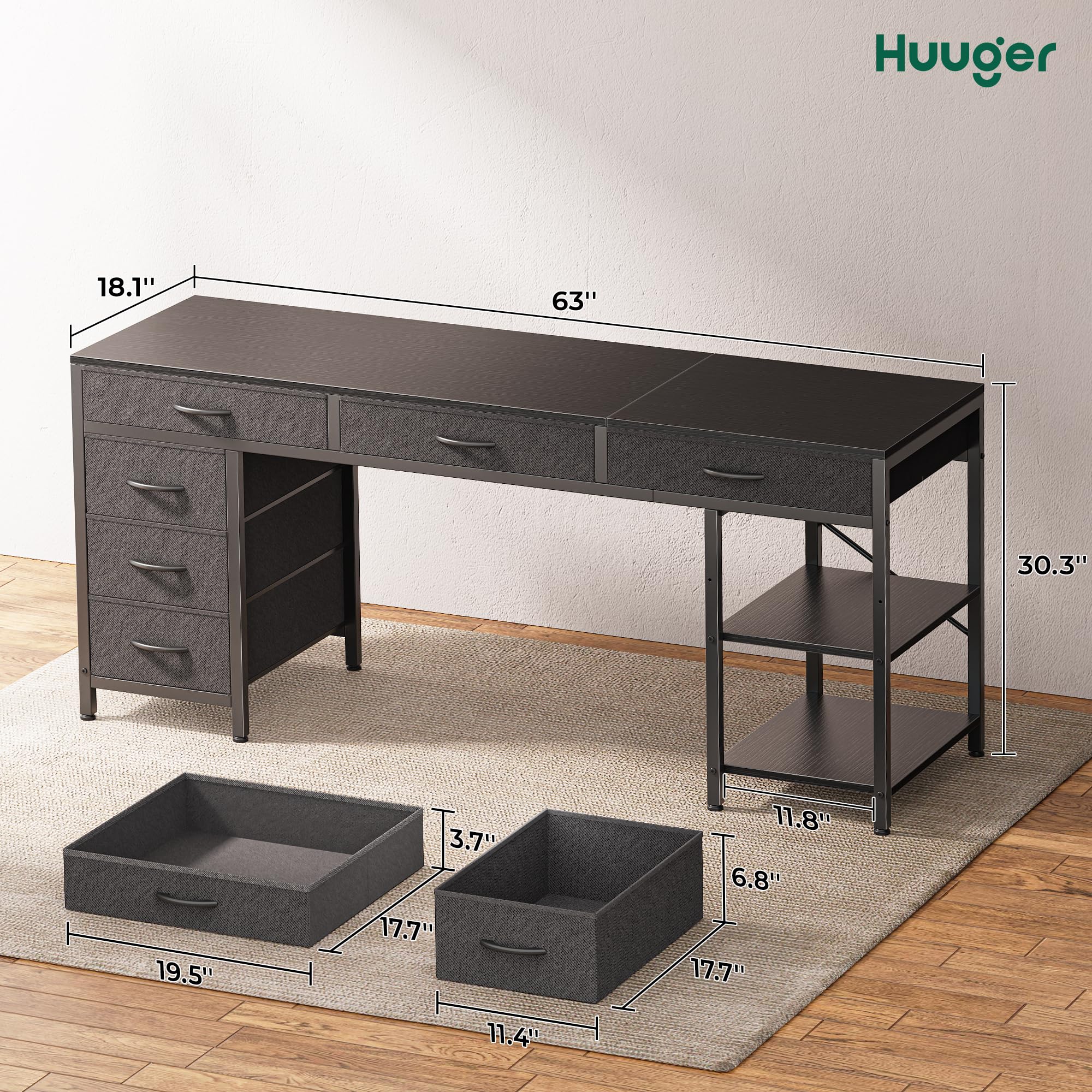 Computer Desk with 6 Drawers, Office Desk with Shelves, Reversible Gaming Desk, Corner Desk with Storage, Work for Home Office, Study, Living Room, 63inch, Black