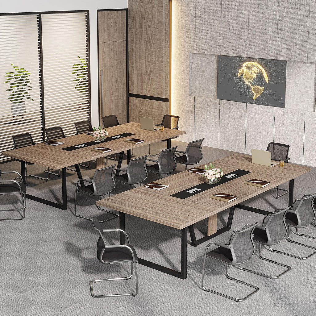 8FT Conference Table Set of 2, Large Meeting Podcast Table for 10 People, Business Style Wooden Training Table with Strong Metal Frame for Office Conference