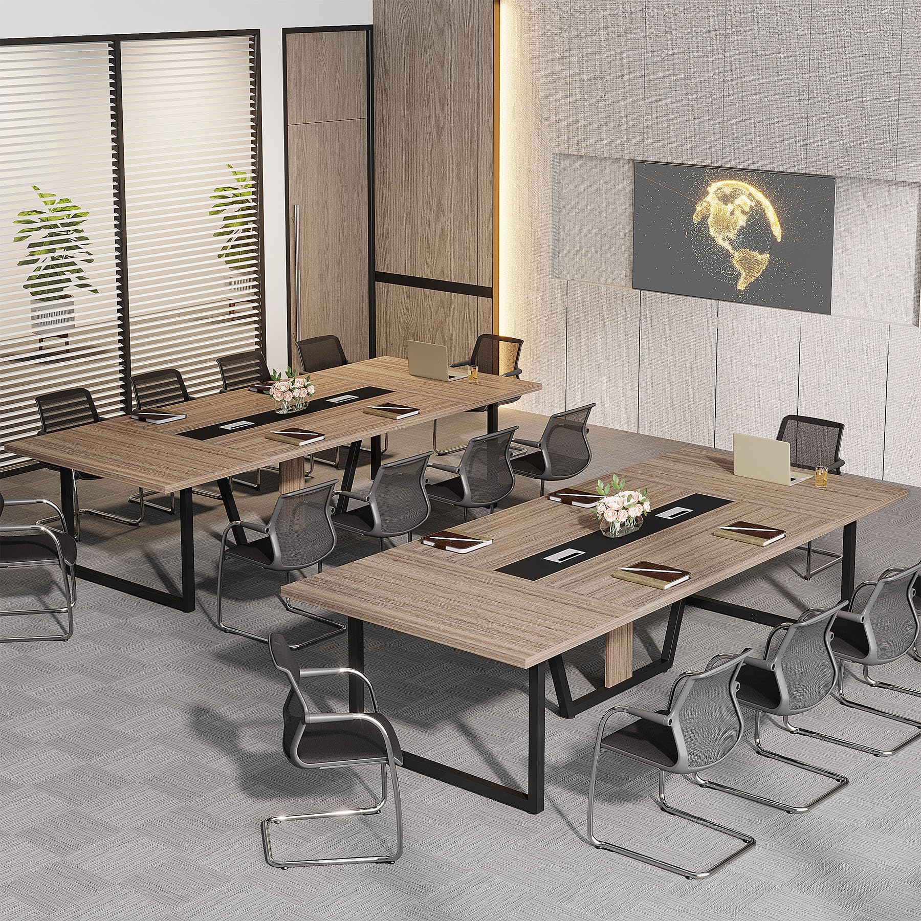 8FT Conference Table Set of 2, Large Meeting Podcast Table for 10 People, Business Style Wooden Training Table with Strong Metal Frame for Office Conference