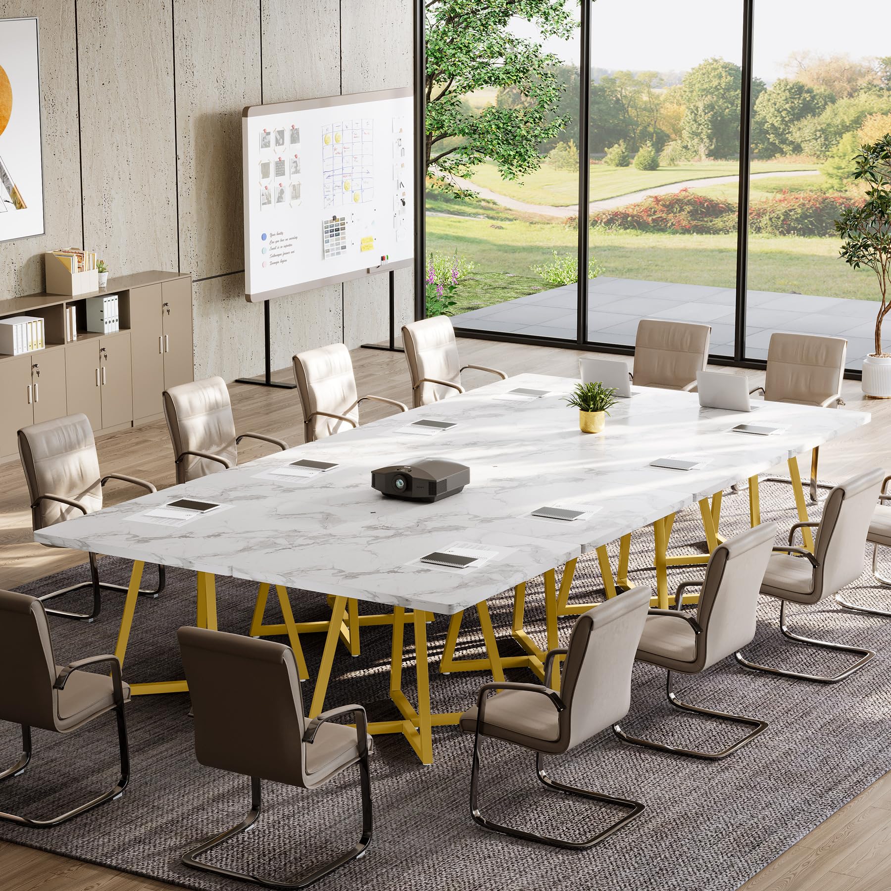 31.5" Square Conference Table Set of 4, 10 ft Industrial Office Meeting Table for 8-10 People, Business Podcast Furniture with Metal Base for Small Spaces, Office Conference, White & Gold