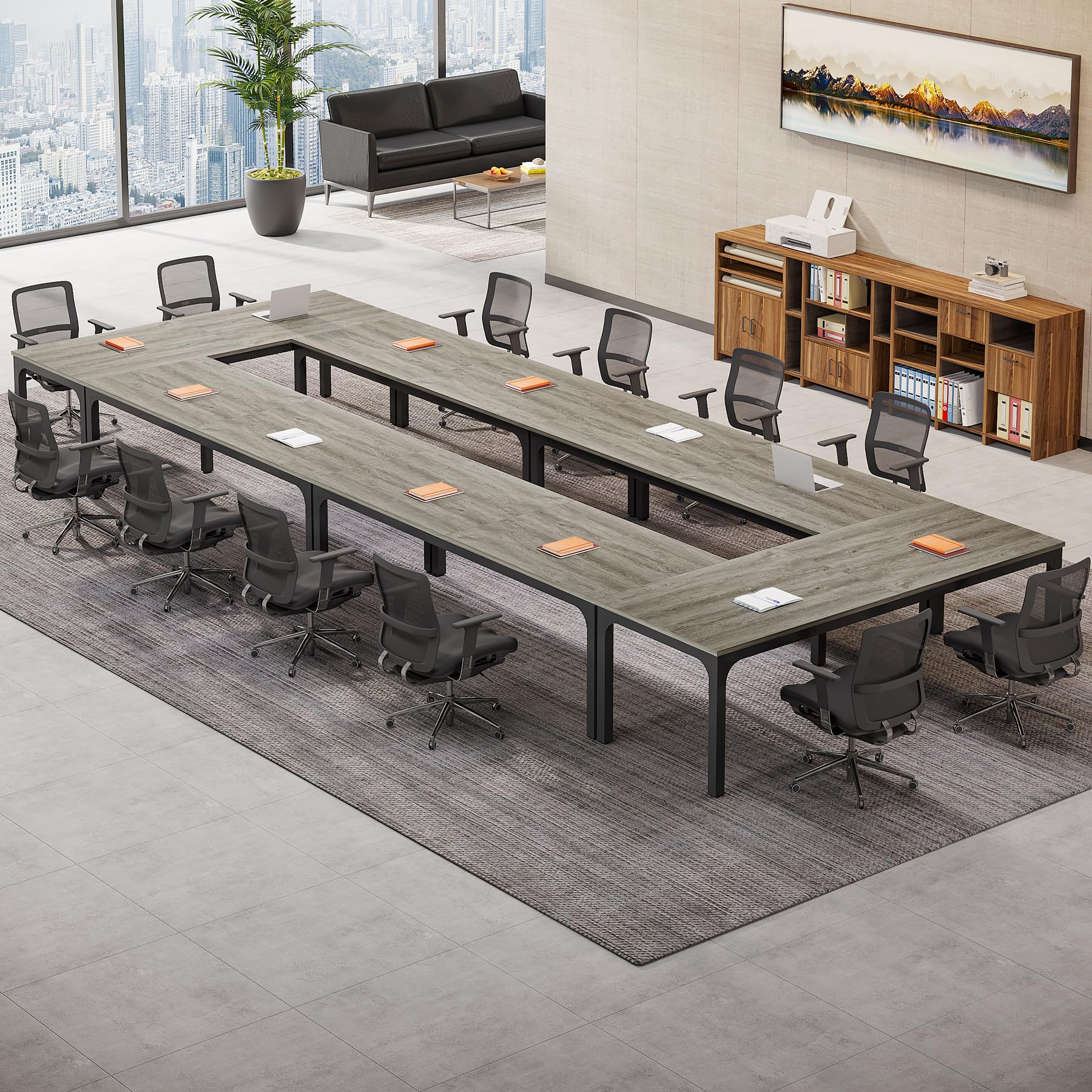 6.5 FT Conference Room Table, 78.74" W x 27.56" D Large Office Conference Table, Modern Seminar Meeting Table Desk for Boardroom, Meeting Room (4, Gray and Black)