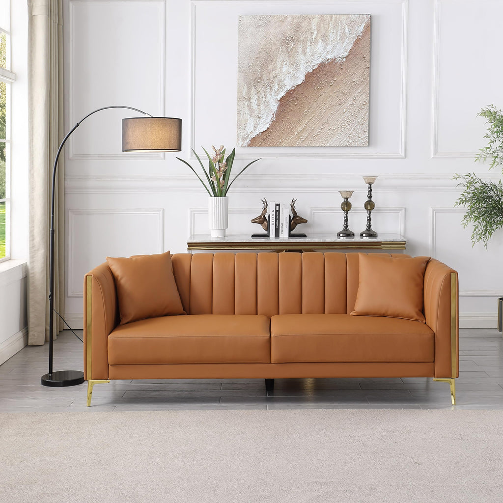 Leather Couch Sofa, Office Couches 78'' Apartment Faux Leather Sofa with 2 Throw Pillows & Gold Metal Legs, Waterproof 3 Seater Couches for Small Living Room, Affordable Luxury Design