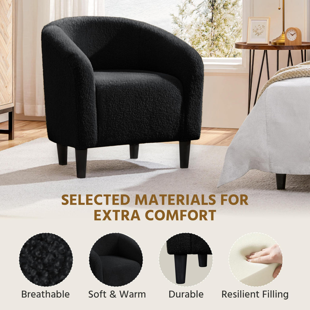 Accent Barrel Chair, Boucle Fabric Club Chair, Furry Sherpa Elegant Armchair with Cozy Soft Padded, Suitable for Living Room Bedroom Reception Office, Black