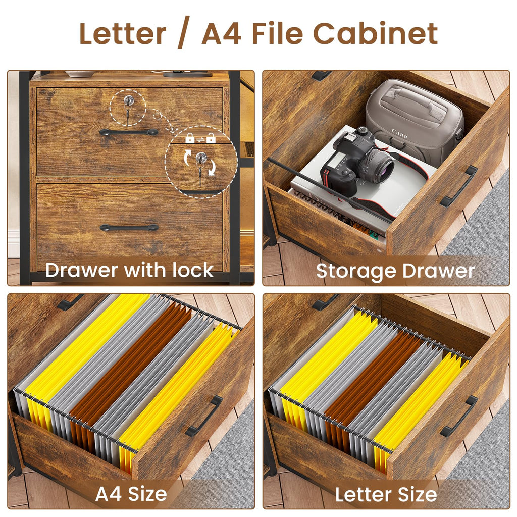 35.4” File Cabinet, Filing Cabinet fits Letter/A4 Size, 2 Drawe File Cabinets for Home Office with Power Strip, LED Lights, Lock, Open Shelf, Rustic Brown