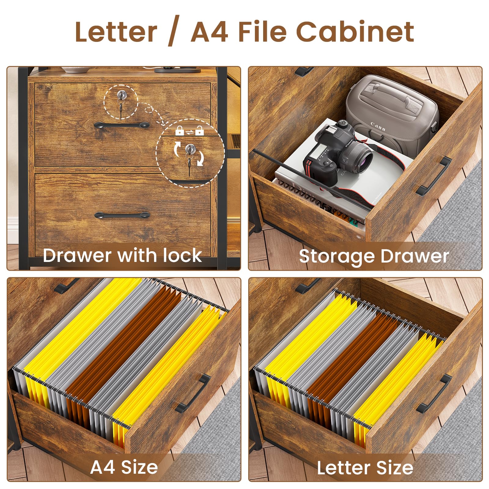 35.4” File Cabinet, Filing Cabinet fits Letter/A4 Size, 2 Drawe File Cabinets for Home Office with Power Strip, LED Lights, Lock, Open Shelf, Rustic Brown