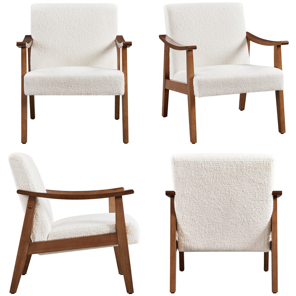 Fabric Accent Chair, Mid-Century Modern Armchair with Solid Wood Legs, Reading Leisure Chair with High Back for Living Room Bedroom Waiting Room,Ivory