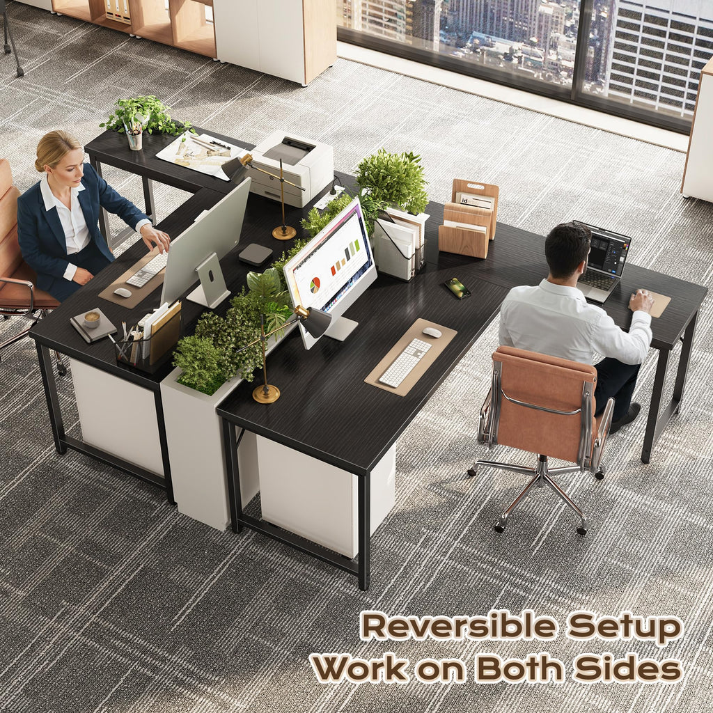 55 Inch L Shaped Desk with Power Outlets and USB-C Port, Reversible Computer Desk, Larger Office Corner Gaming Desk, 0.95 Inch Thicker Desktop, Metal Frame, for Home Office, Study, Black