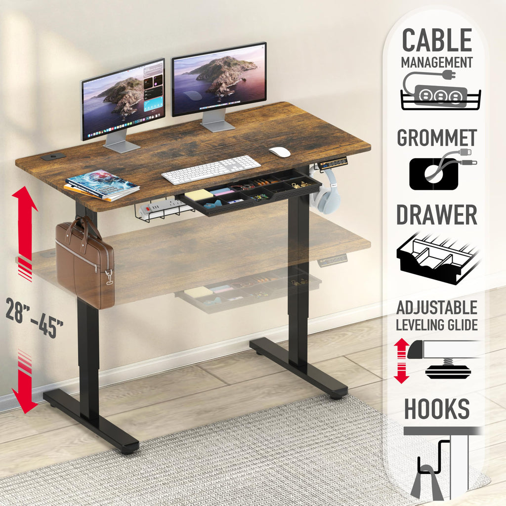 48-Inch Electric Height Adjustable Standing Desk with Drawer, Memory Preset and Cable Management Tray, Rustic Brown