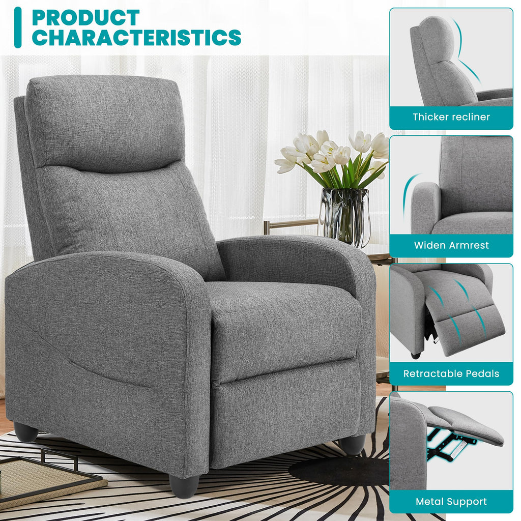 Recliner Chair Fabric Recliner Sofa No Massage, Home Theater Seating with Lumbar Support, Adjustable Push Back Overstuffed High-Density Sponge Reclining for Living Room, Grey