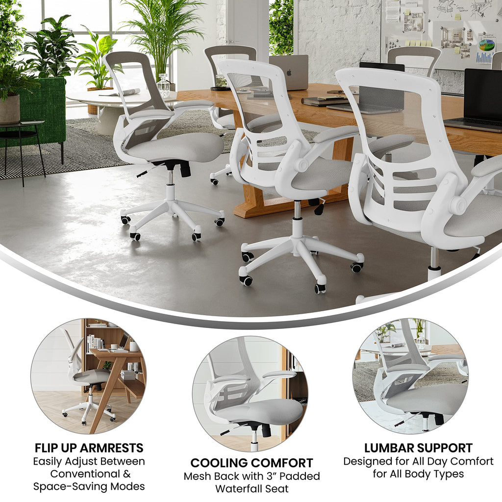Mid-Back Swivel Office Chair with Adjustable Lumbar Support and Seat Height, Ergonomic Mesh Desk Chair with Flip-Up Armrests, Gray/White
