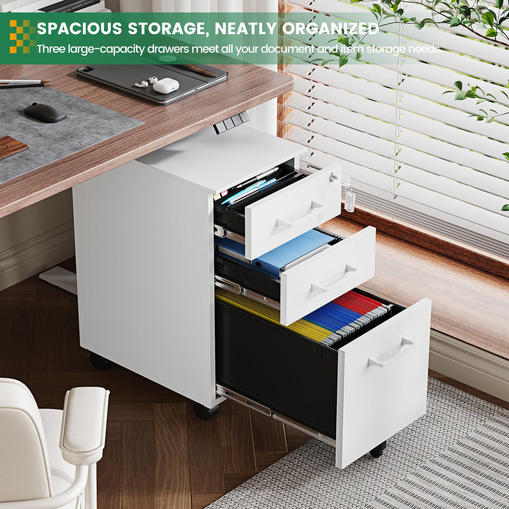 3 Drawer Slim File Cabinet, Mobile File Cabinet with Lock for Home Office, Rolling Narrow File Cabinet, Under Desk Locking Filing Cabinet on Wheels for Legal/Letter/A4 File(Unassembled,White)
