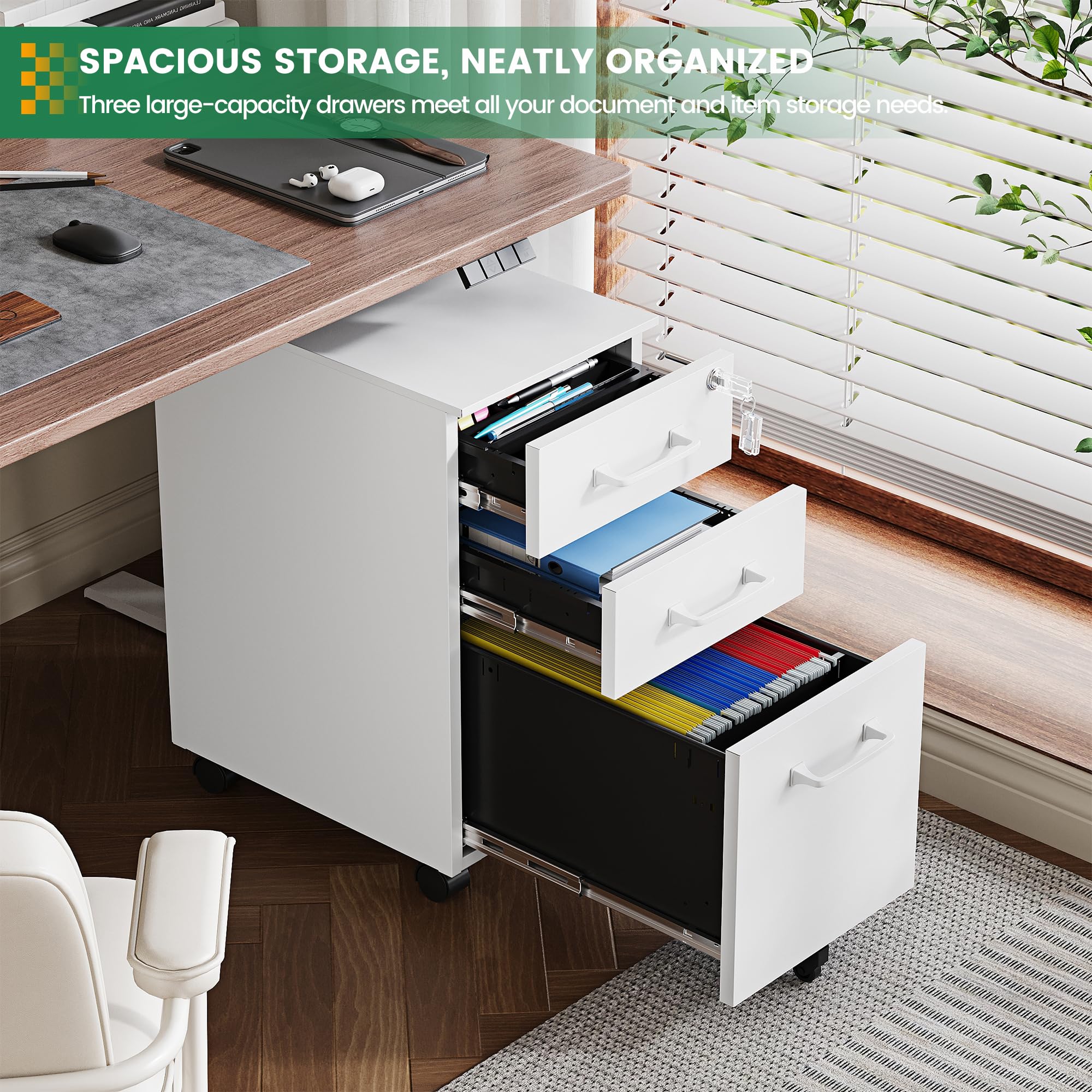 3 Drawer Slim File Cabinet, Mobile File Cabinet with Lock for Home Office, Rolling Narrow File Cabinet, Under Desk Locking Filing Cabinet on Wheels for Legal/Letter/A4 File(Unassembled,White)