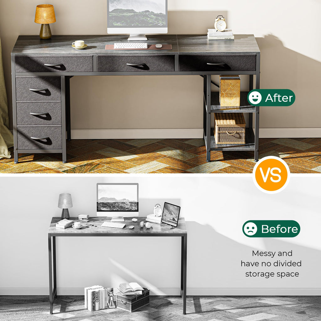 Computer Desk with 6 Drawers, Office Desk with Shelves, Reversible Gaming Desk, Corner Desk with Storage, Work for Home Office, Study, Living Room, 63inch, Grey