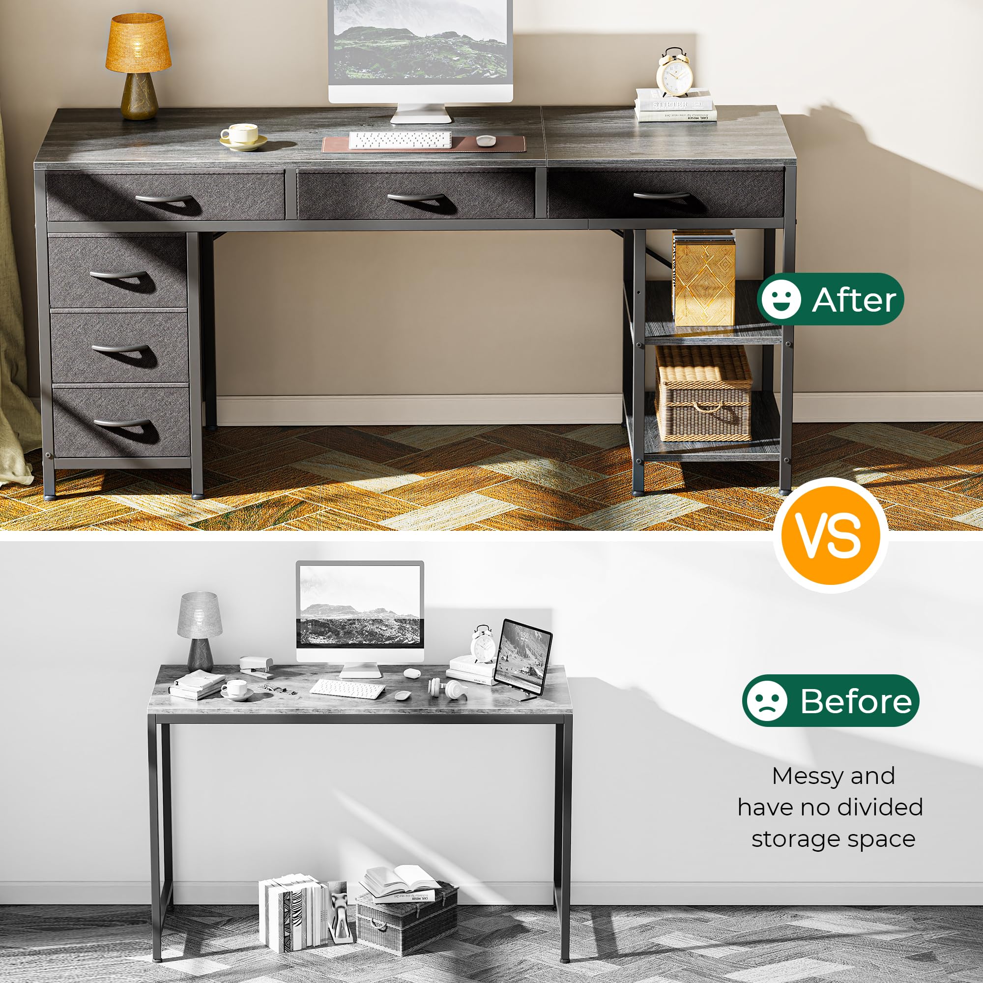 Computer Desk with 6 Drawers, Office Desk with Shelves, Reversible Gaming Desk, Corner Desk with Storage, Work for Home Office, Study, Living Room, 63inch, Grey