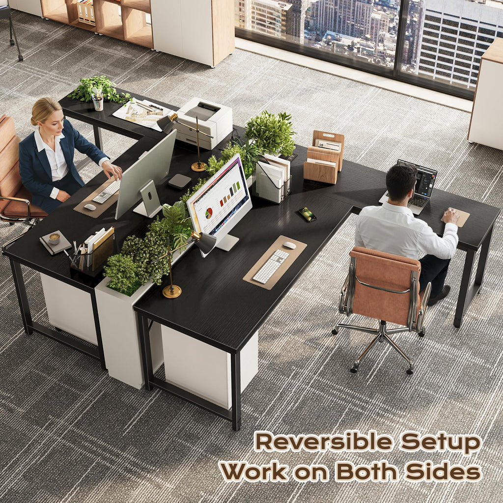 63 Inch L Shaped Desk with Power Outlets and USB-C Port, Reversible Computer Desk, Larger Office Corner Gaming Desk, 0.95 Inch Thicker Desktop, Metal Frame, for Home Office, Study, Black